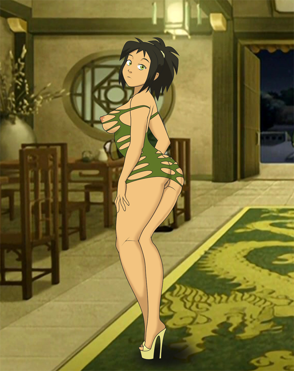 1girls, anaxus, ass, avatar the last airbender, big breasts, black hair, breasts, brown skin, clothing, dark skin, dark-skinned female, dress, earth kingdom, female, female only, functionally nude, green eyes, high heel boots, high heels, jin (avatar), long hair, medium breasts, naked footwear, nickelodeon, nipples, nude, nude female, nudity, open toe shoes, partially nude, pussy, solo, tan skin, tied hair, torn clothes