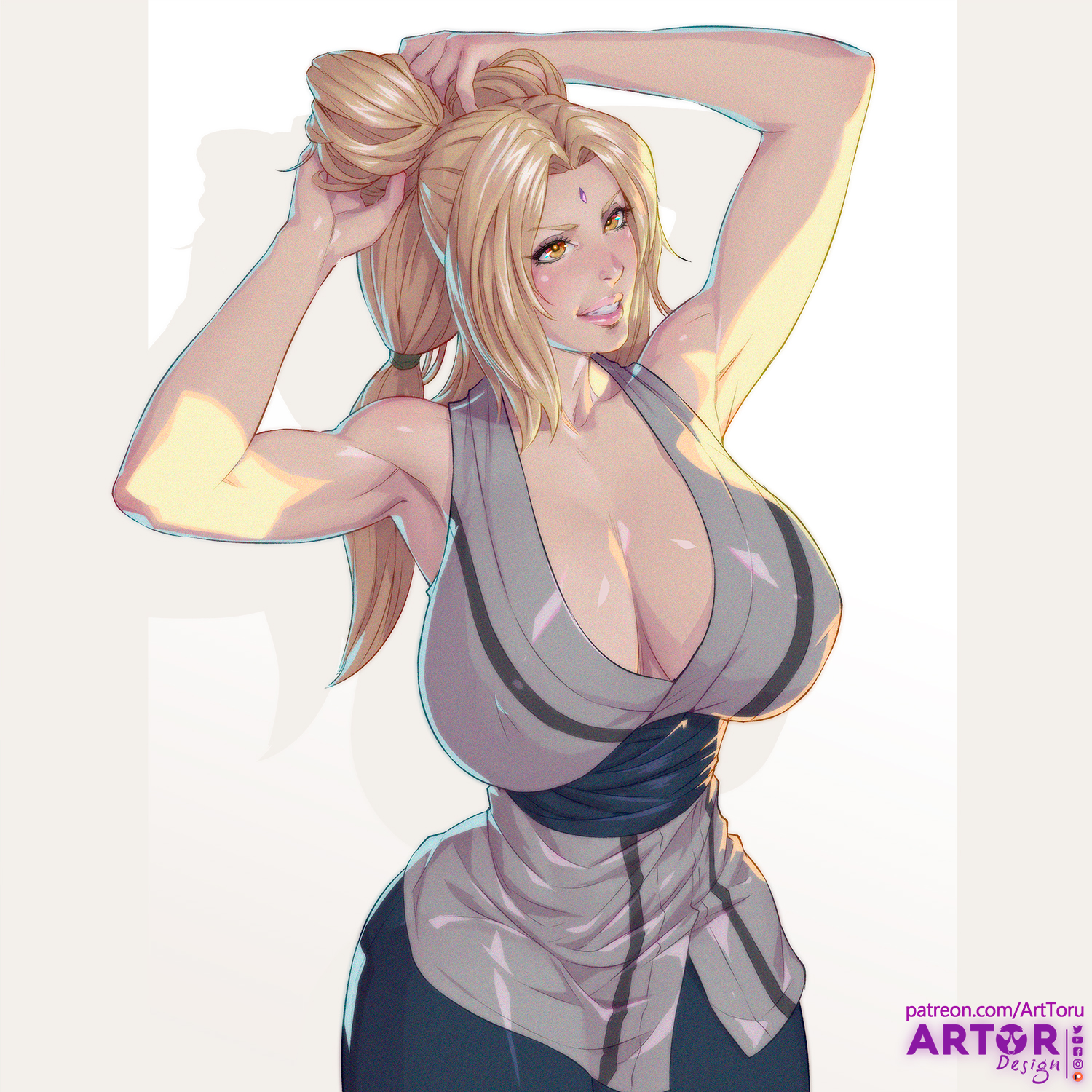 1girls, adjusting hair, armpits, arms up, arttoru, blonde, blonde hair, breasts, cleavage, female, female only, fetish, fully clothed, large breasts, long hair, naruto, naruto (series), ponytail, simple background, solo, solo female, tagme, tsunade