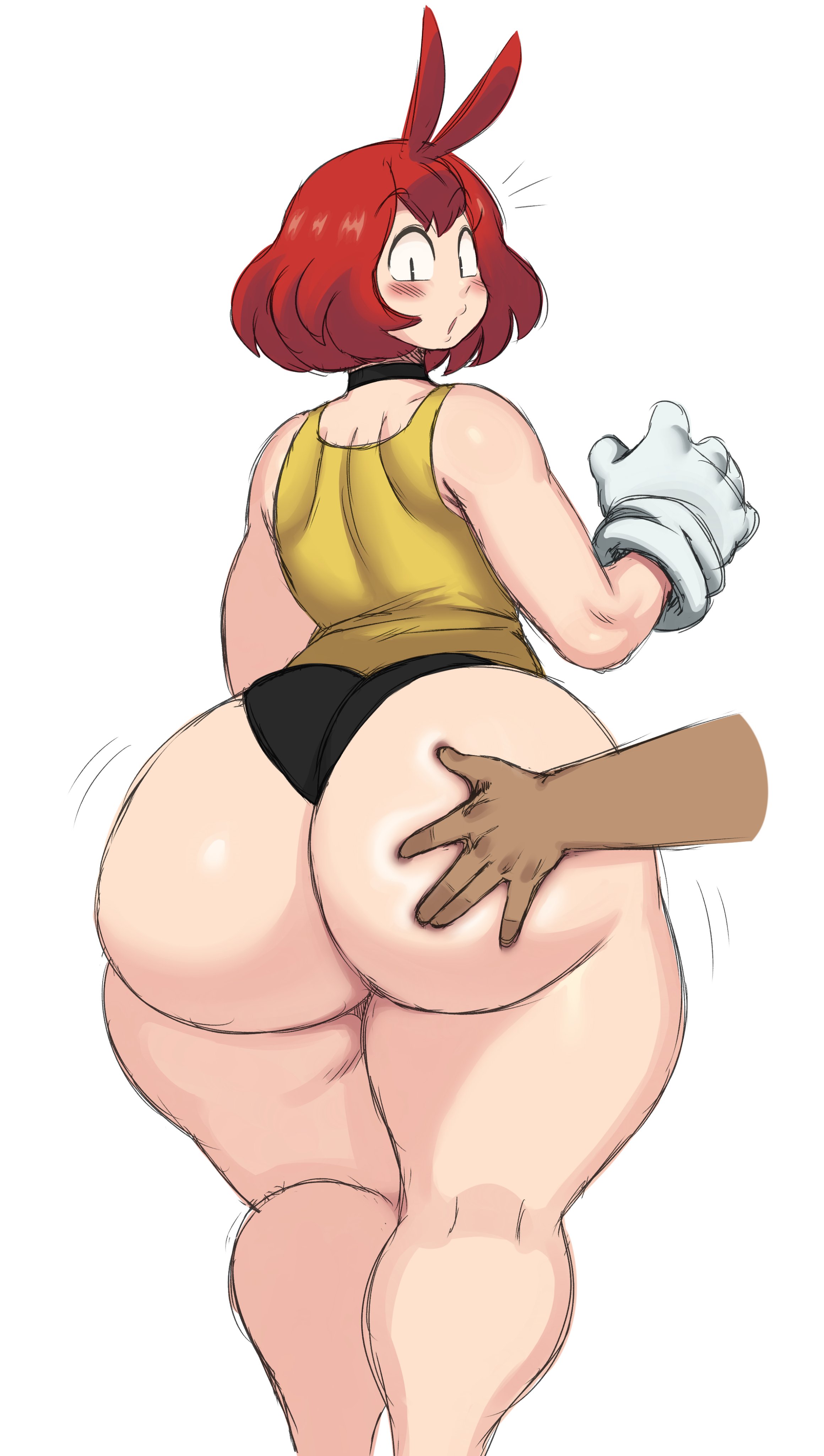 1girls, 2021, ass, ass focus, big ass, big butt, blush, bottom heavy, bottomless, bubble ass, bubble butt, buttholemagick, collar, disembodied hand, fat ass, female, gigantic ass, ginger, gloves, hand on ass, hips, light skin, light-skinned female, looking back, looking down, male, oc, original, out of frame, pale skin, pale-skinned female, panties, red hair, romana (buttholemagick), shocked, simple background, sssonic2, tank top, thick, thick ass, thick thighs, underwear, unseen male face, white background, wide hips