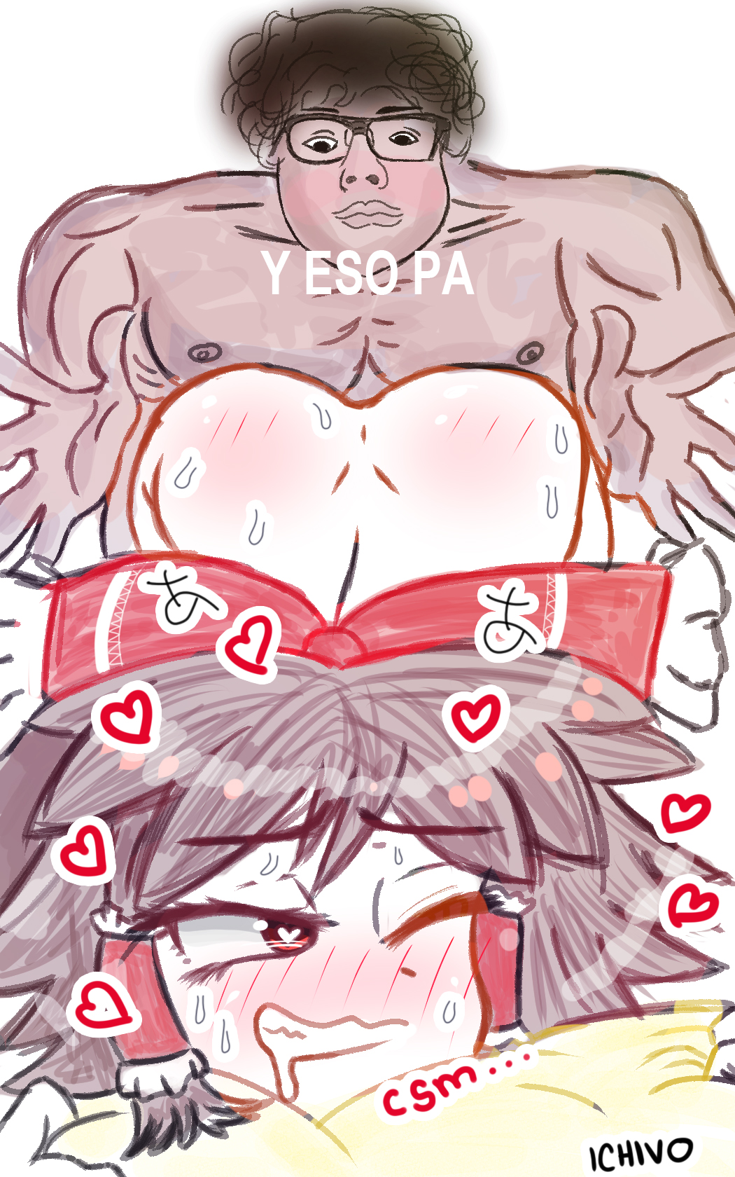 1boy 1boy1girl 1girls artist_name blush csm curifeo_socrates_mamarre curifeos curiosos_feos dimples_of_venus facing_viewer heart heart-shaped_pupils hetero ichivo ichivo_caguai looser mouth_drool nude_female nude_male one_eye_closed reimu_hakurei simple_background spanish_text straight top-down_bottom-up touhou white_background