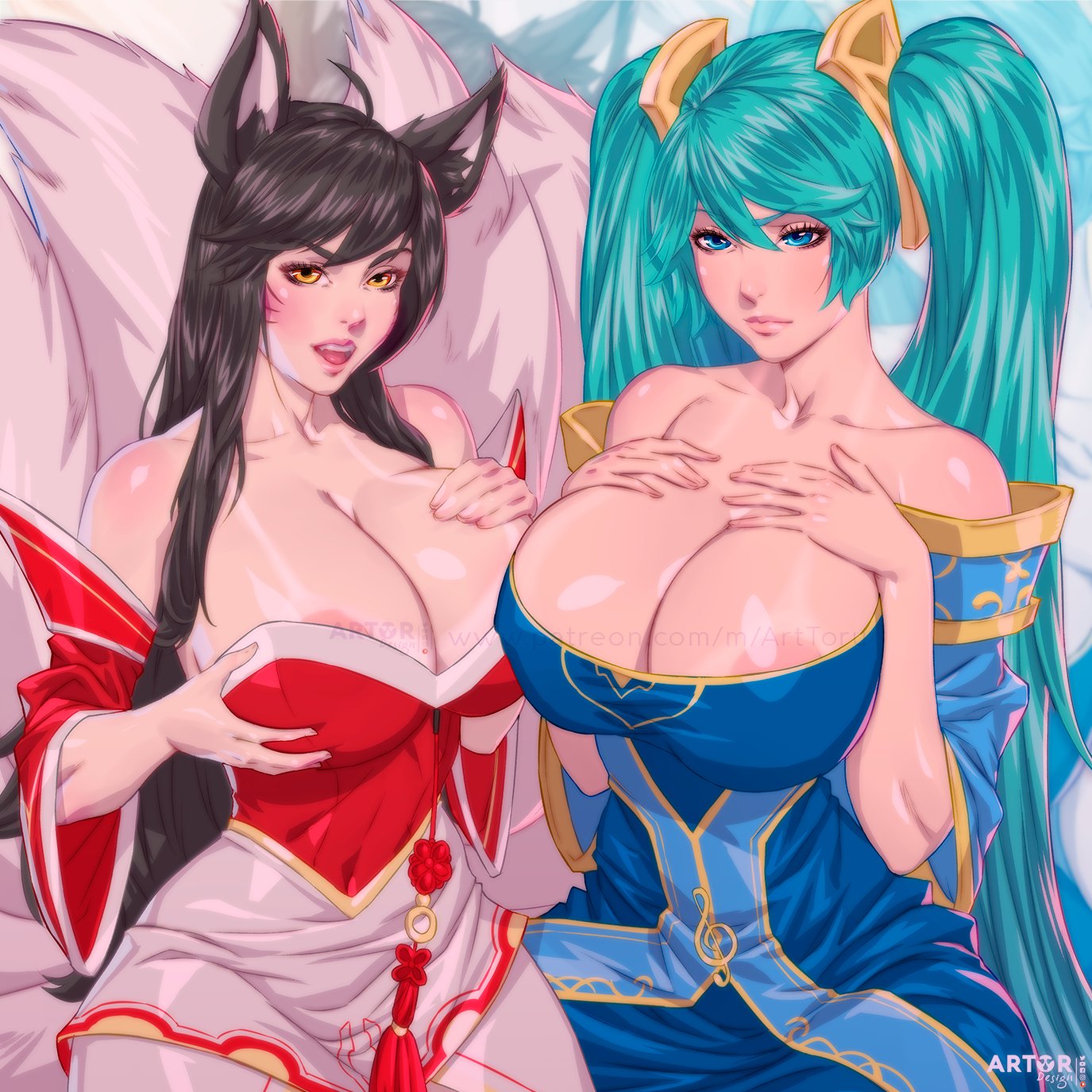 2girls, ahri, arttoru, blue hair, breasts, female, large breasts, league of legends, nipple peek, sona buvelle, tagme