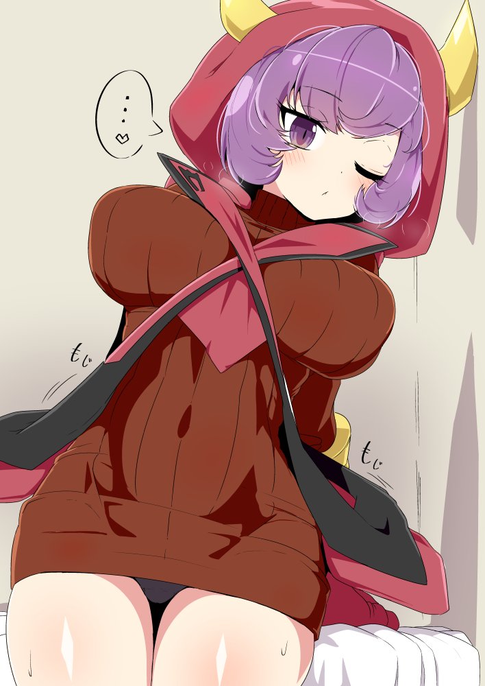 1girls 2020 bed big_breasts blush clothed clothed_female clothing courtney_(pokemon) courtney_(pokemon_oras) eyebrows_visible_through_hair fake_horns hoodie horns looking_at_viewer nintendo on_bed one_eye_closed panties pokemon pokemon_oras purple_eyes purple_hair short_hair short_purple_hair simple_background sitting team_magma tottotonero turtleneck turtleneck_sweater