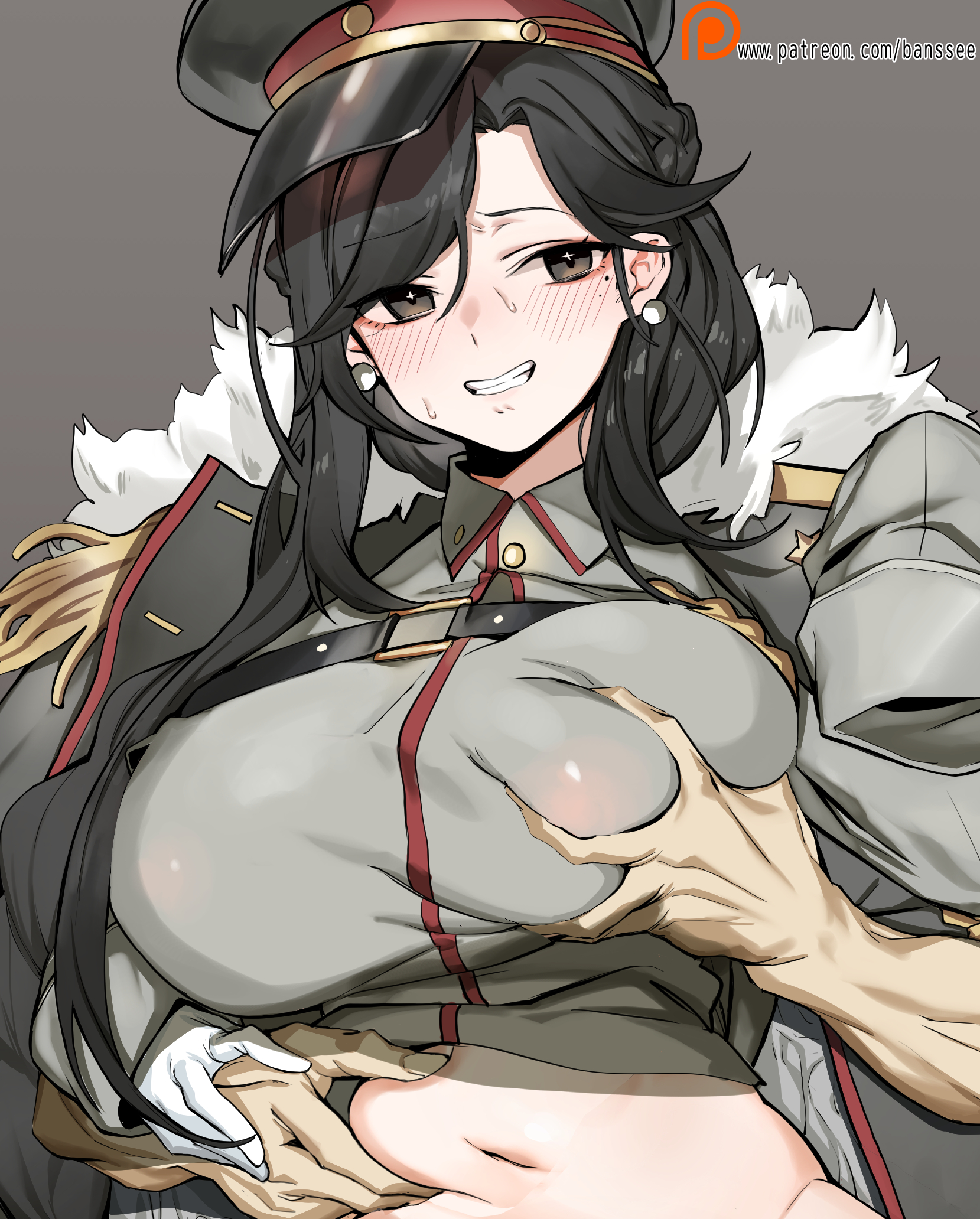 1boy, banssee, belly grab, black eyes, black hair, blush, breasts, female, general liu (girls' frontline), girls' frontline, gloves, grabbing, grabbing from behind, grey background, grin, hat, highres, large breasts, long hair, male, mole, mole under eye, navel, peaked cap, simple background, sleeves past fingers, sleeves past wrists, smile, solo focus, straight, upper body, white gloves