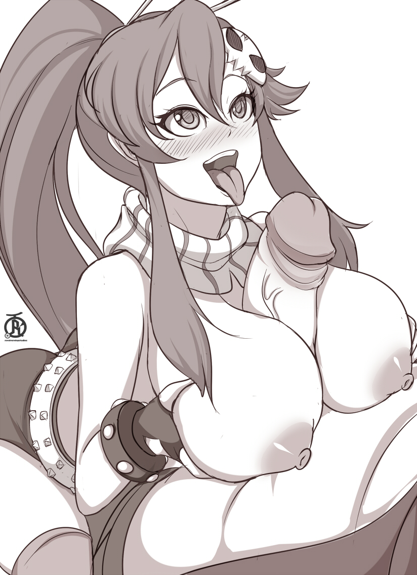 1boy, 1girls, breasts, female, hands on breasts, looking up, male, monochrome, no eyewear, paizuri, penis, revolverwingstudios, sketch, tengen toppa gurren lagann, tongue, tongue out, yoko littner