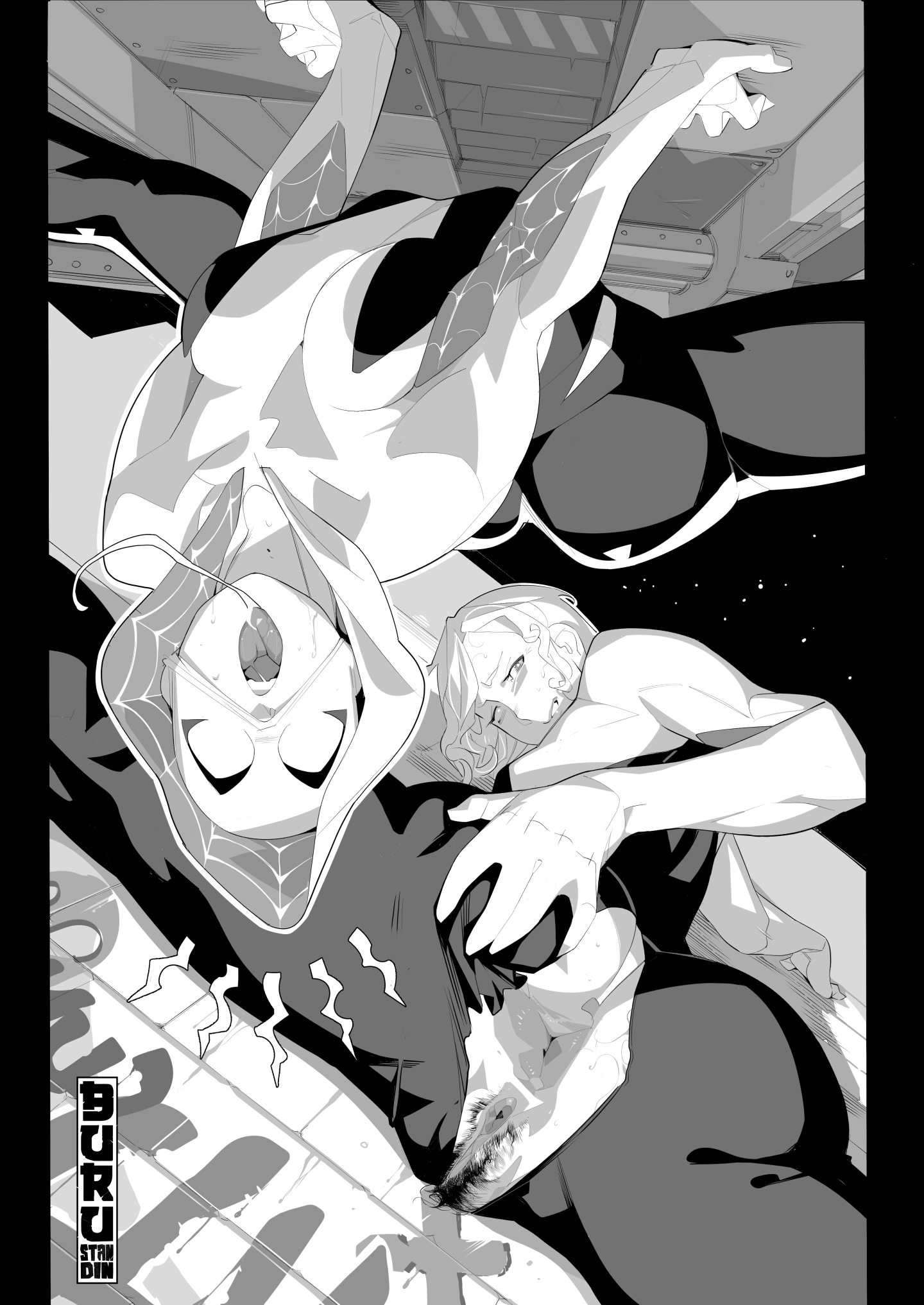 1girls, anus, black and white, burustandin, female, female focus, female only, greyscale, gwen stacy, looking at viewer, looking back, marvel, marvel comics, presenting hindquarters, presenting pussy, pussy, short hair, solo, solo female, solo focus, spider-gwen, spider-man: into the spider-verse, splits, spread anus, spread pussy