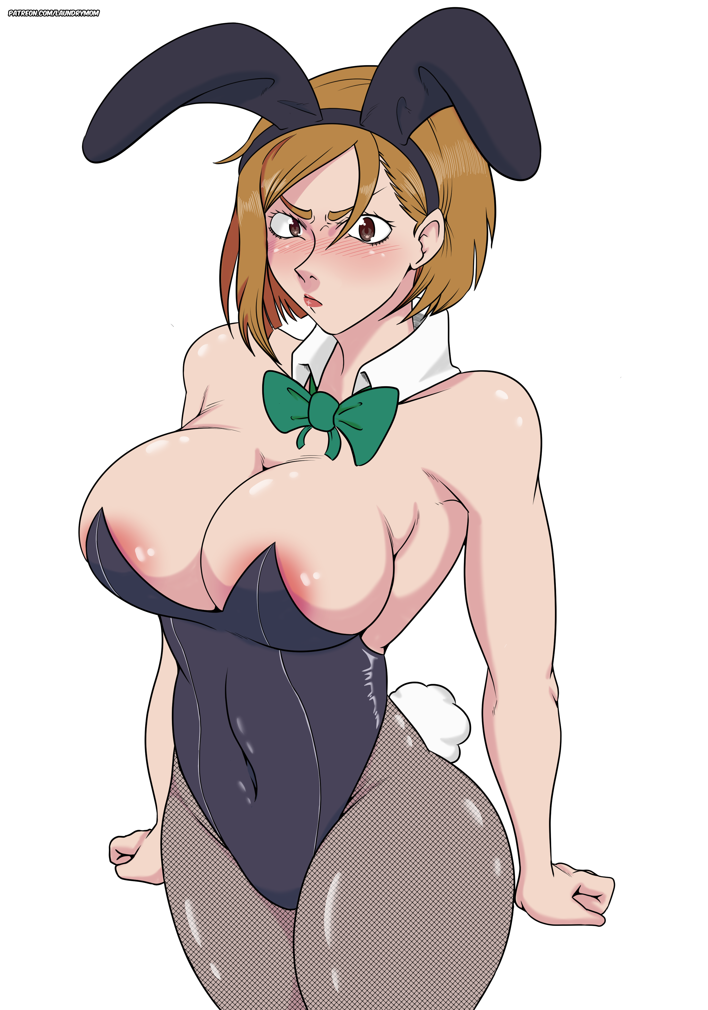 1girls, areola, areola slip, bare shoulders, black leotard, blush, bow, bowtie, breasts, brown hair, brown-haired female, bunny costume, bunny ears, bunny tail, bunnysuit, closed mouth, covered navel, covered nipples, embarrassed, eyebrows, fake animal ears, female, female focus, female only, fishnet legwear, fishnet pantyhose, jujutsu kaisen, kugisaki nobara, laundrymom, legwear, leotard, mouth closed, pantyhose, shiny skin, short hair, simple background, solo, solo female, solo focus, thick thighs, thighs, white background