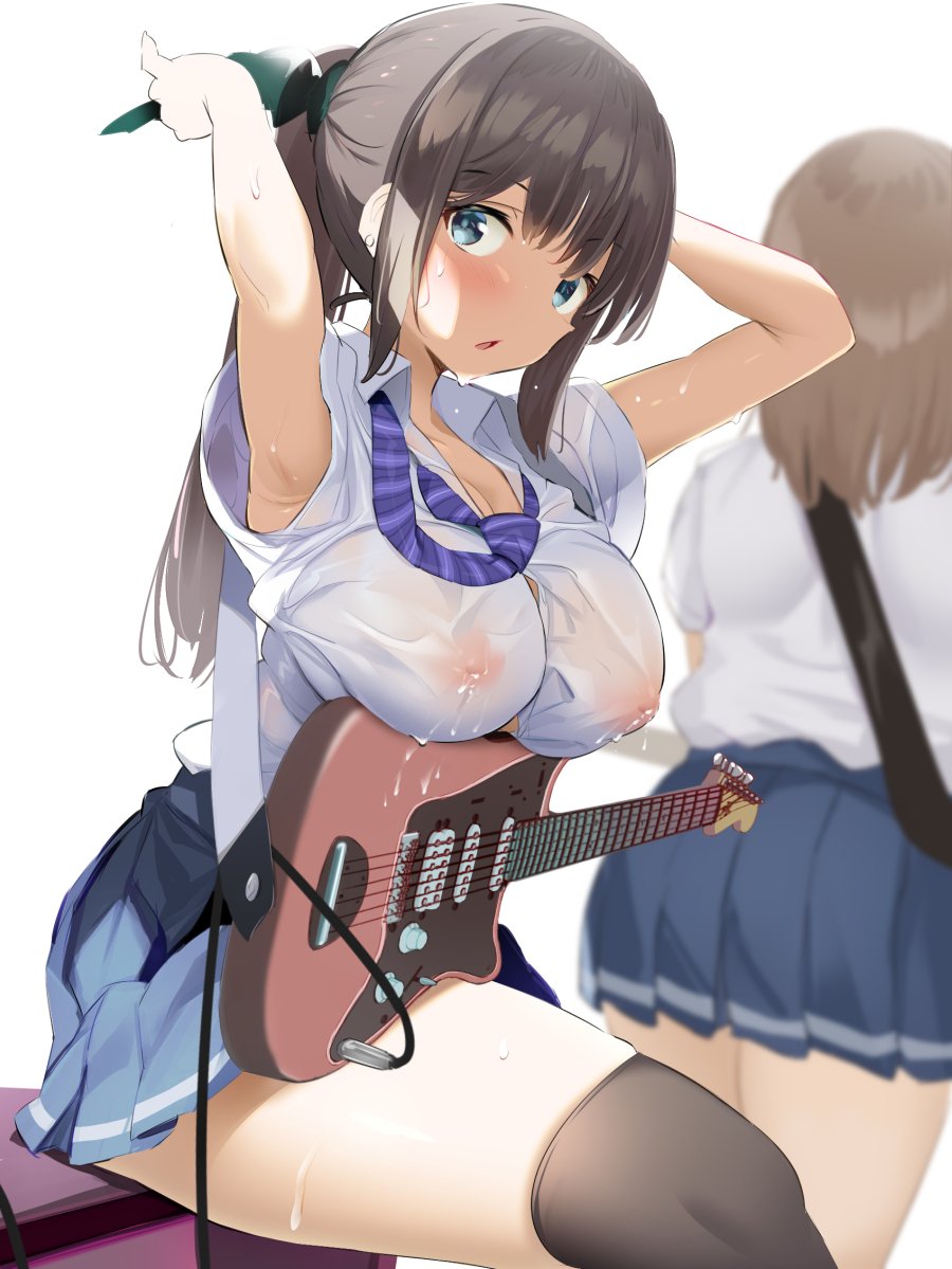 2girls, adjusting hair, armpits, arms up, black hair, black legwear, blue eyes, blush, breasts, brown hair, covered erect nipples, female, female only, guitar, instrument, lactation, lactation through clothes, large breasts, long hair, looking at viewer, multiple females, multiple girls, nipples, no bra under clothes, noripachi, open mouth, original, see-through, see-through clothing, see-through silhouette, sitting, solo focus, thighhighs, wet, wet clothes
