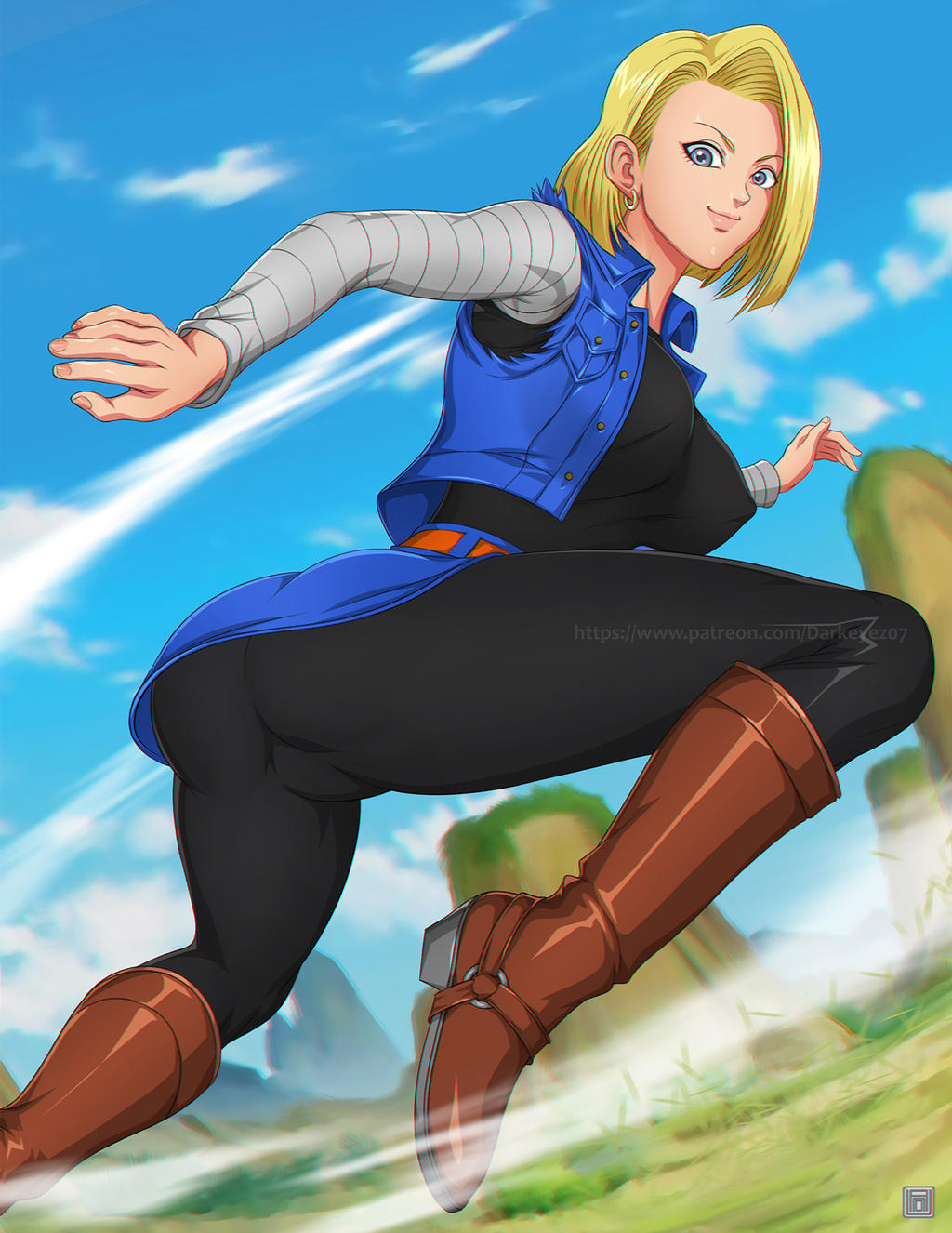 1girls android_18 blonde_hair blue_eyes boots cameltoe cleavage curvy darkeyez07 dragon_ball erect_nipples female huge_areolae huge_ass huge_breasts puffy_nipples short_hair thick_lips voluptuous wide_hips