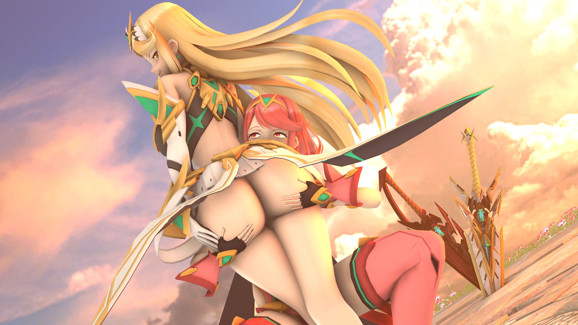 3d, ass, ass grab, big ass, female, mythra, pyra, source filmmaker, theboobedone, thick thighs, wide hips, xenoblade (series), xenoblade chronicles 2