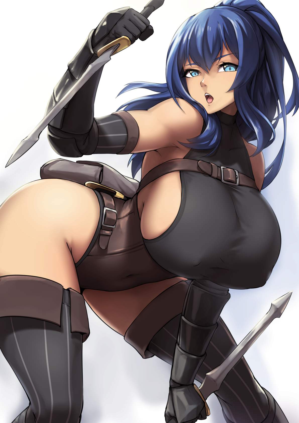 1girls, 2021, 2d, 2d (artwork), assassin, bare shoulders, black legwear, blades, blue eyes, blue hair, breasts, breasts bigger than head, commission, covered erect nipples, curvy, dual wielding, eyebrows visible through hair, female, female only, highres, holding, holding sword, holding weapon, huge breasts, large breasts, leaning forward, leotard, long hair, looking at viewer, matching hair/eyes, nipple bulge, open mouth, original, original character, packge, ponytail, questionable, simple background, solo, solo female, sword, thighhighs, thighs, voluptuous, weapon, weapons, white background
