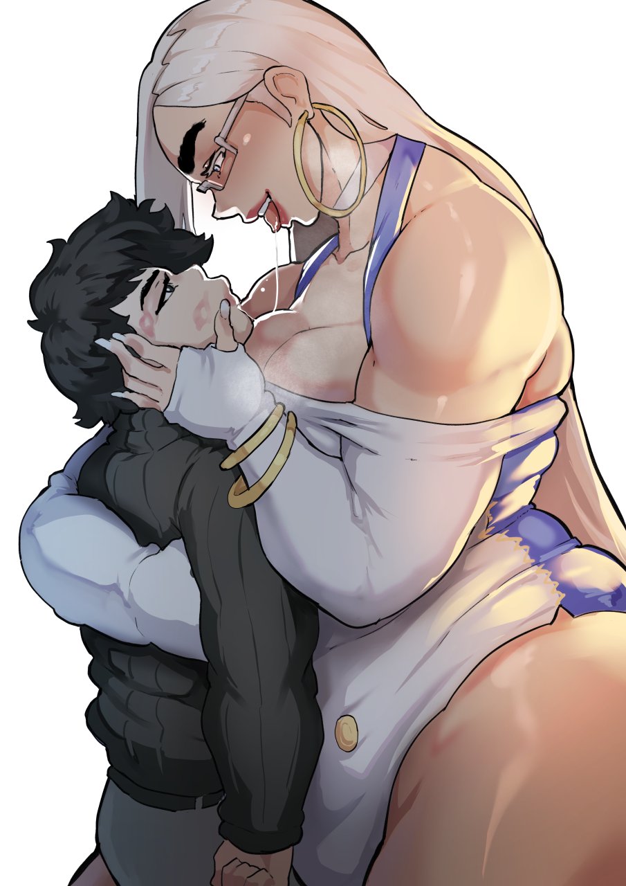 1boy 1futa black_hair breasts curvy dickgirl donaught fajji futanari hoop_earrings huge_ass huge_breasts junya kiss_mark lipstick_mark original original_character pawg saliva_string size_difference thick thick_thighs venus_body voluptuous white_hair wide_hips