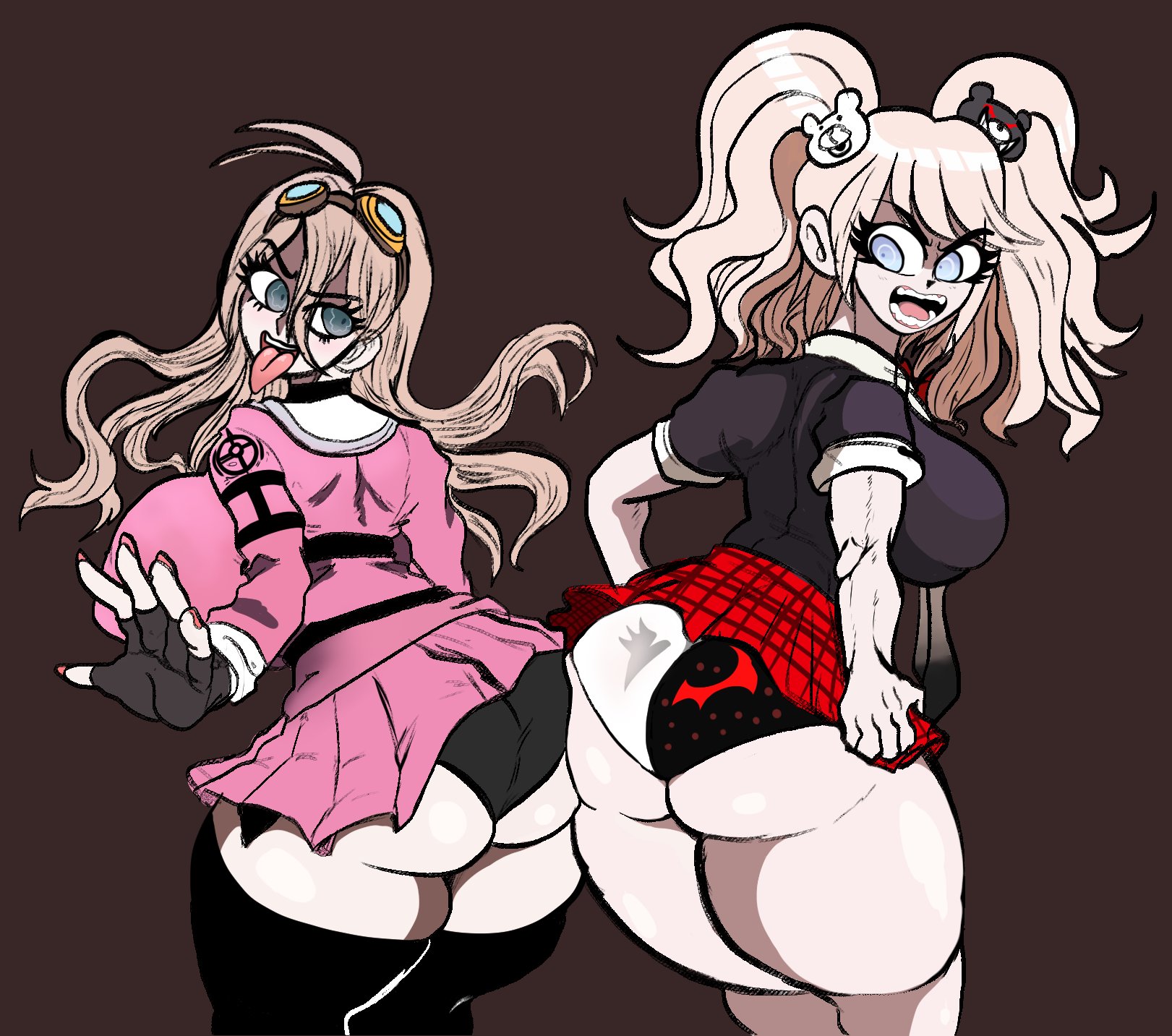 2021, 2girls, 5 fingers, ass, ass to ass, big ass, big breasts, blonde hair, breasts, bubble ass, bubble butt, danganronpa, danganronpa v3, favorite, female, iruma miu, junko enoshima, lemonadepikachu, long hair, panties, pantyshot, straight hair, tagme, tongue, tongue out, twintails, upskirt