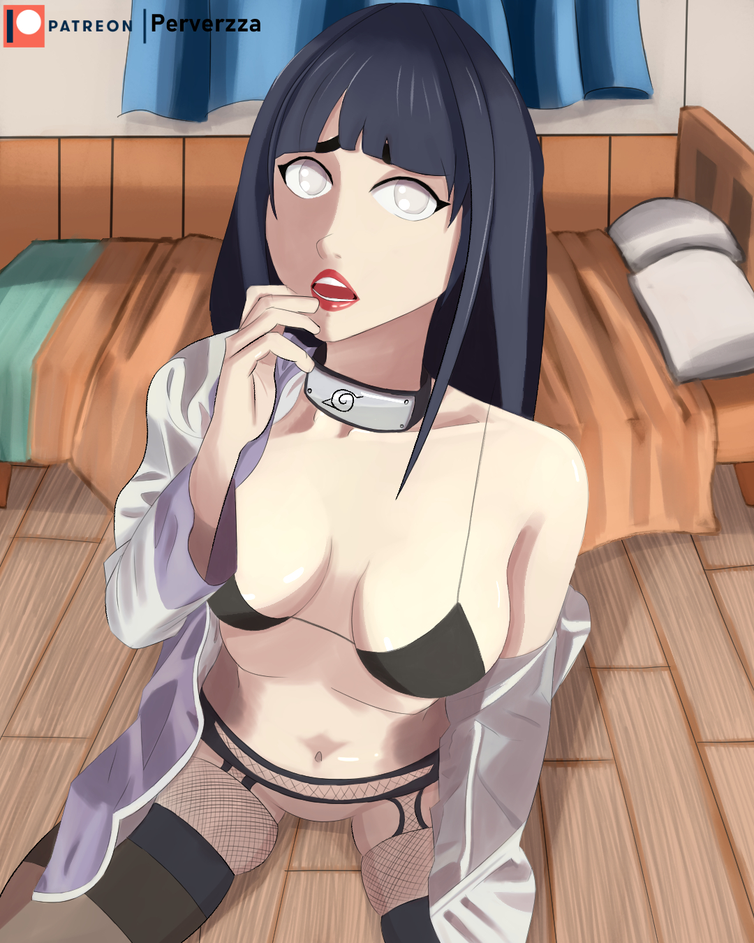 1girls, bedroom, big breasts, blunt bangs, breasts, female, female only, garter belt, garter straps, half-dressed, hyuuga hinata, hyuuga hinata (naruto: road to ninja), jacket, lingerie, lipstick, long hair, looking at viewer, makeup, midriff, naruto, naruto (series), naruto shippuden, naruto: road to ninja, no panties, off shoulder, on floor, open clothes, open mouth, perverzza, purple hair, sitting, underwear, wooden floor