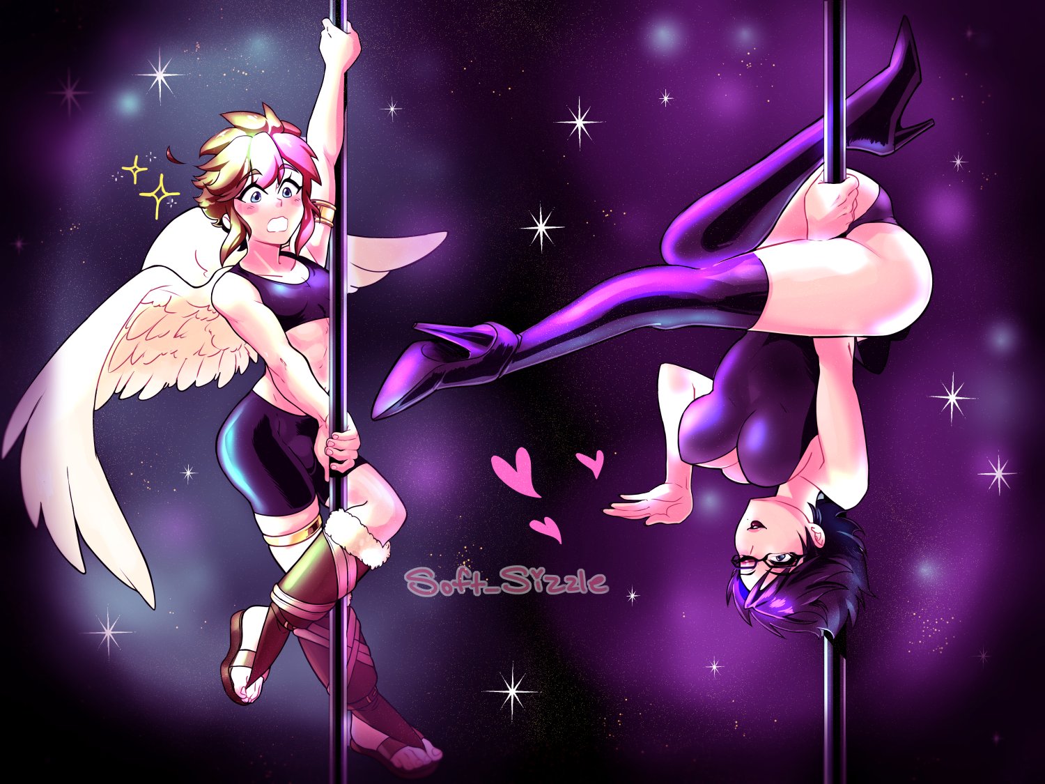 angel, bayonetta, bayonetta (character), bayonetta 2, black hair, blue eyes, brown hair, bulge, crossdressing, crossover, female, femboy, glasses, high heels, kid icarus, kid icarus uprising, male, nintendo, pit (kid icarus), pole, pole dancing, shorts, soft sizzle, stripper, tank top, wings