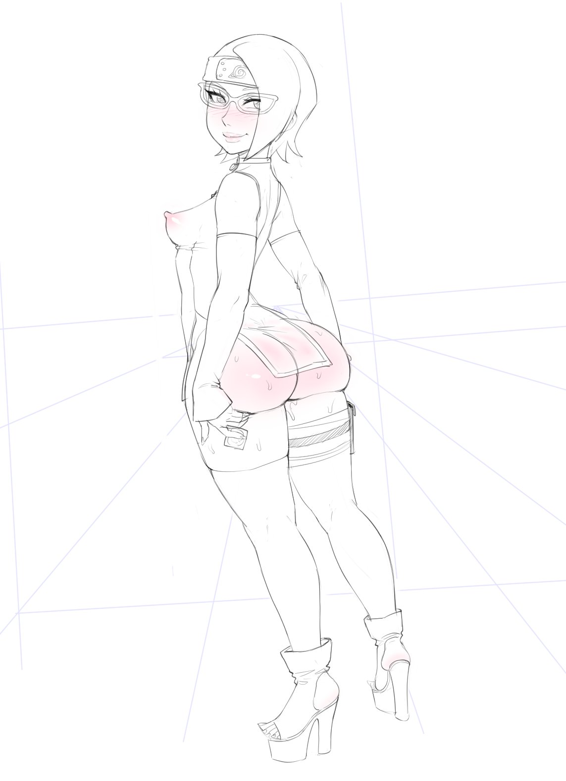 1girls, areolae, ass, big ass, breasts, female, female only, legoman, monochrome, naruto, naruto (series), nipples, sarada uchiha, small breasts, solo