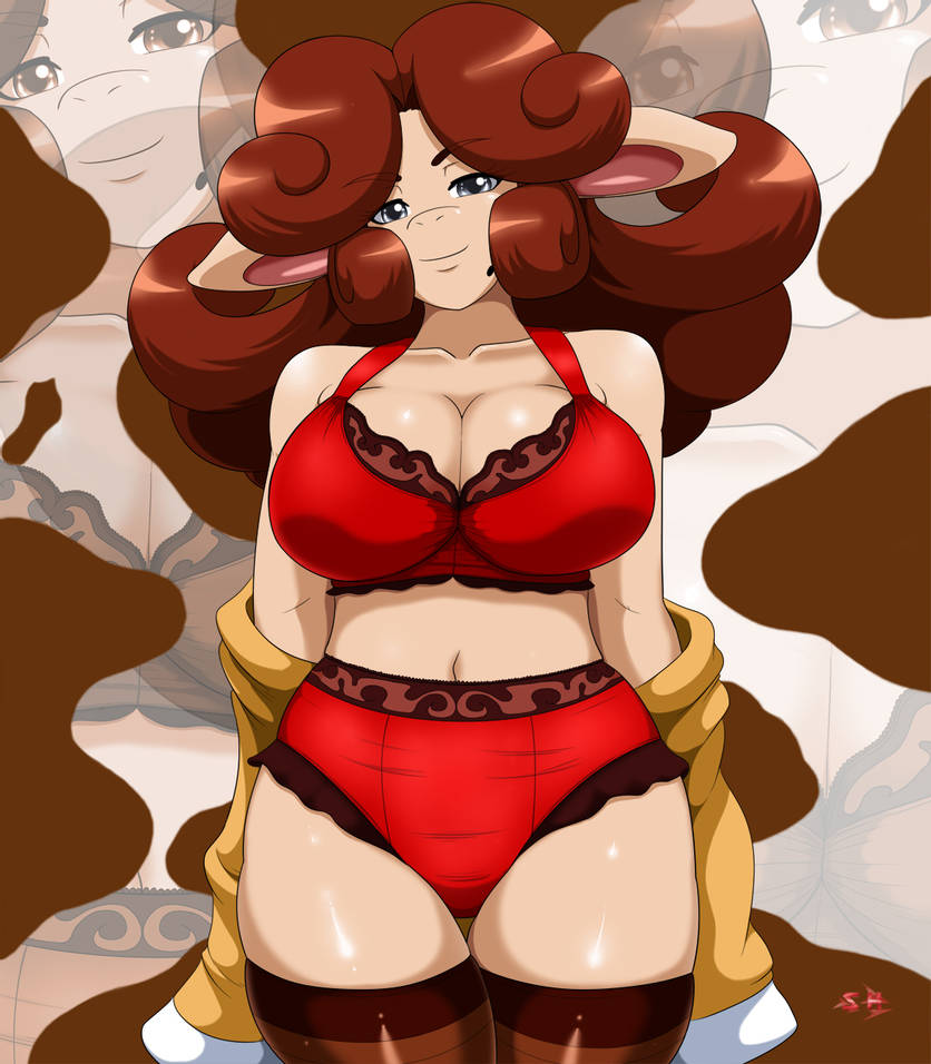 beauty_mark bedroom_eyes belly_button big_breasts bovine_humanoid bra brown_hair busty cleavage curvy disrobing eyebrows_visible_through_hair female female_only frilly_bra frilly_panties frilly_underwear large_breasts large_hair lingerie looking_at_viewer milf ms._moona panties red_bra red_lingerie red_panties seductive silver_eyes smiling_at_viewer smirking solo speeds teasing thick_thighs thighhighs underwear wide_hips