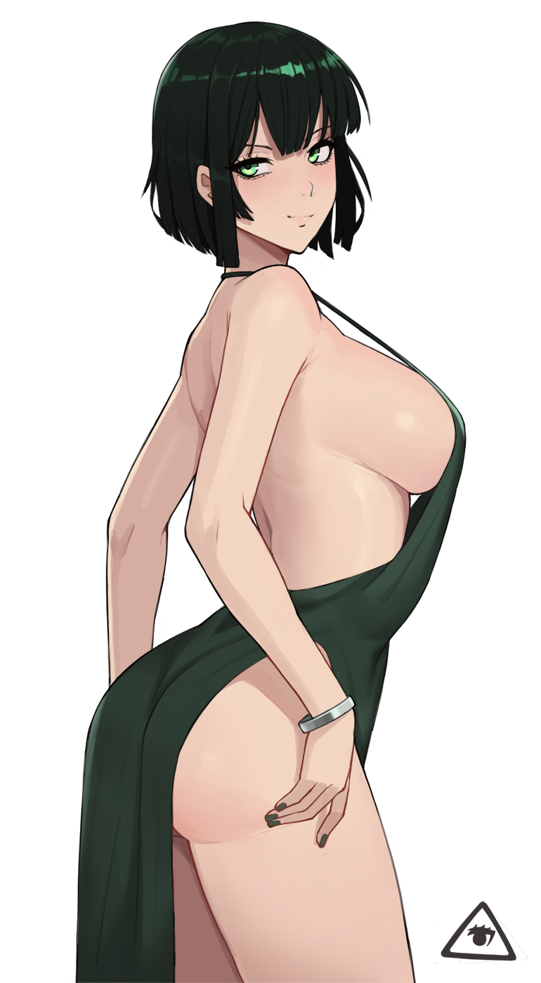 1girls ass bracelet bracelets breasts dark_green_hair donburikazoku dress female female female_focus female_only fubuki_(one-punch_man) green_dress green_eyes hair hair_between_eyes hand_on_thigh lips medium_breasts one-punch_man short_hair sideboob simple_background solo solo_female solo_focus white_background