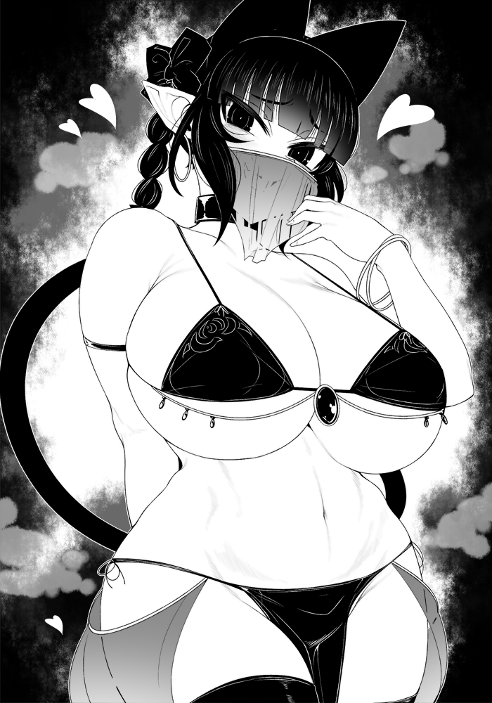 1girls alternate_costume belly_dancer black_and_white breasts cat_ears catgirl curvy_female female female_only ginku_mh harem_girl harem_outfit haseru_(ginku_mh) large_breasts micro_bikini monochrome pointy_ears rin_kaenbyou touhou