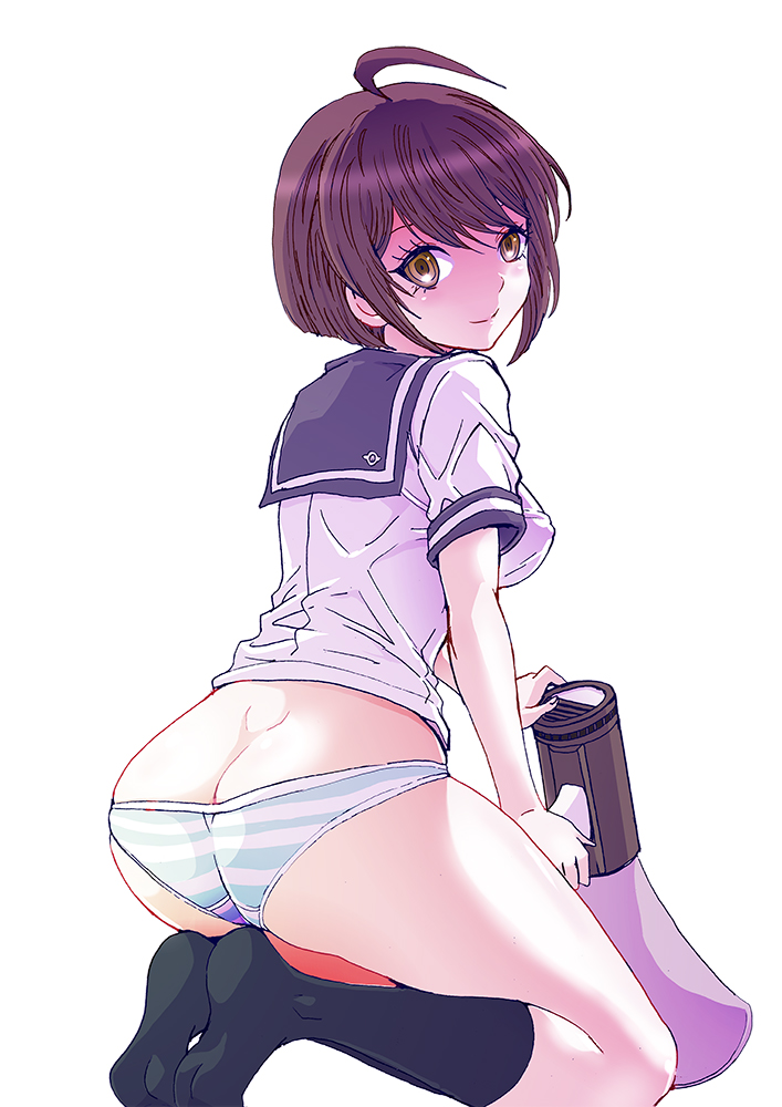 1girls ahoge ass ass_focus background black_stockings brown_hair butt_crack color danganronpa danganronpa_ultra_despair_girls female female_only half-dressed half_naked human humanoid light-skinned_female light_skin megaphone naegi_komaru no_pants no_skirt panties rurukichi short_hair smile smiling smooth_skin stockings striped_panties white_background yellow_eyes