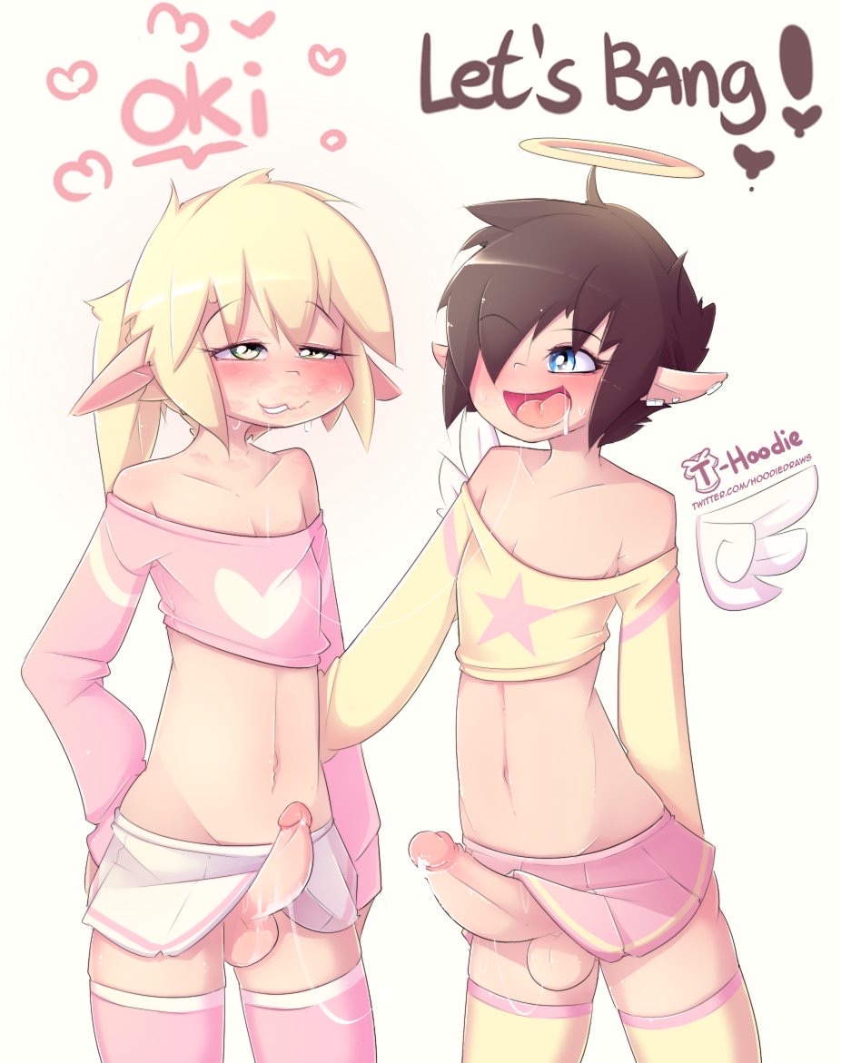 2boys after_kiss angel angel_wings blue_eyes bottomless bottomless_skirt crop_top crossdressing cum cum_string elf elf_ears erection femboy gay girly green_eyes half-closed_eyes halo hoodie_(artist) kiss_mark male male_only max_(hoodie) multiple_boys no_panties original penis pink_skirt pink_thighhighs saliva saliva_string skirt smile thighhighs vick_(hoodie) white_skirt yaoi yellow_thighhighs