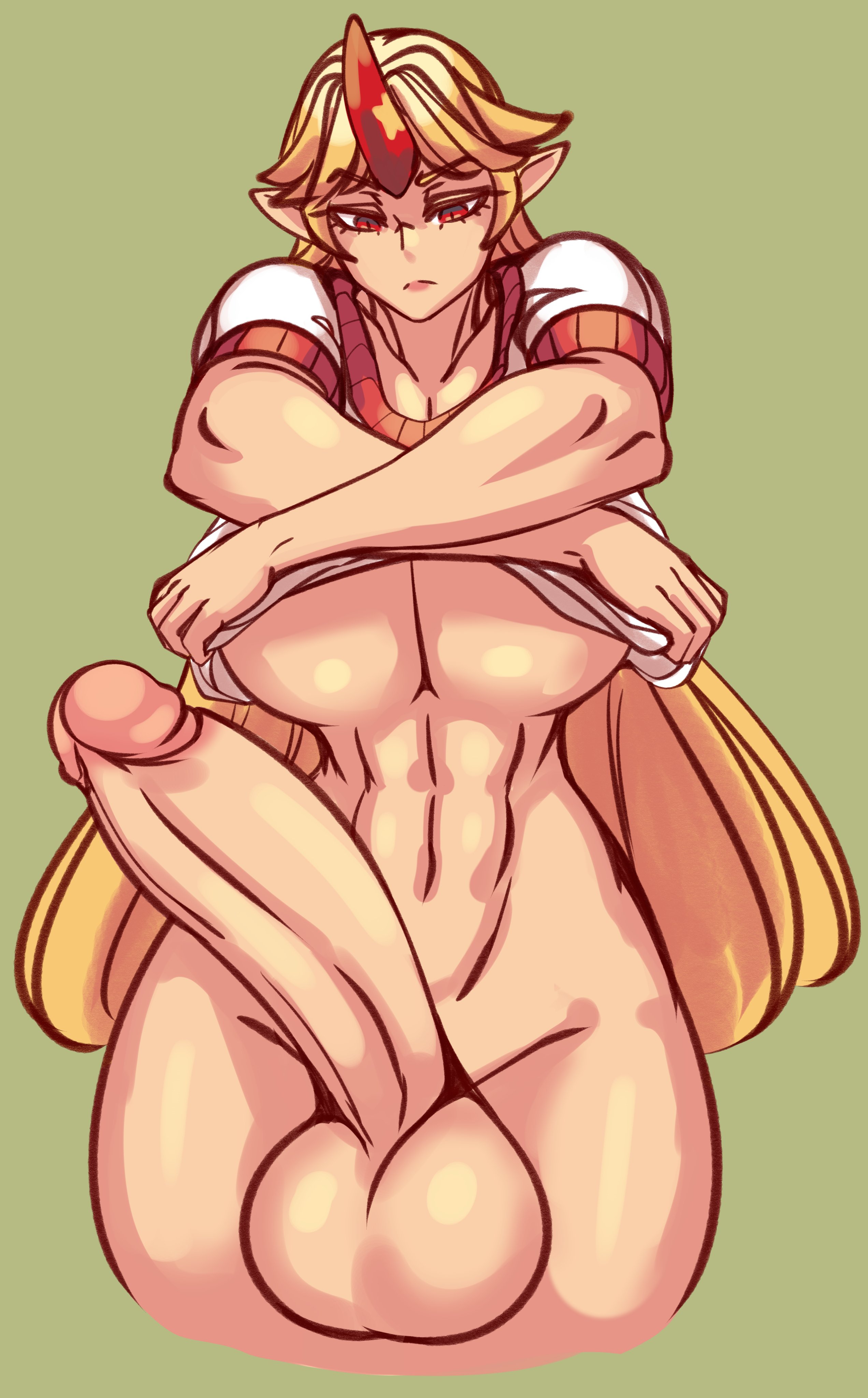 1futa, abs, balls, bottomless, breasts, clothed, clothing, erection, futa only, futanari, hoshiguma yuugi, humanoid, humanoid penis, intersex, large breasts, large penis, nicecream, partially clothed, penis, shirt, shirt lift, solo, standing, thick thighs, touhou, underboob, undressing, wide hips