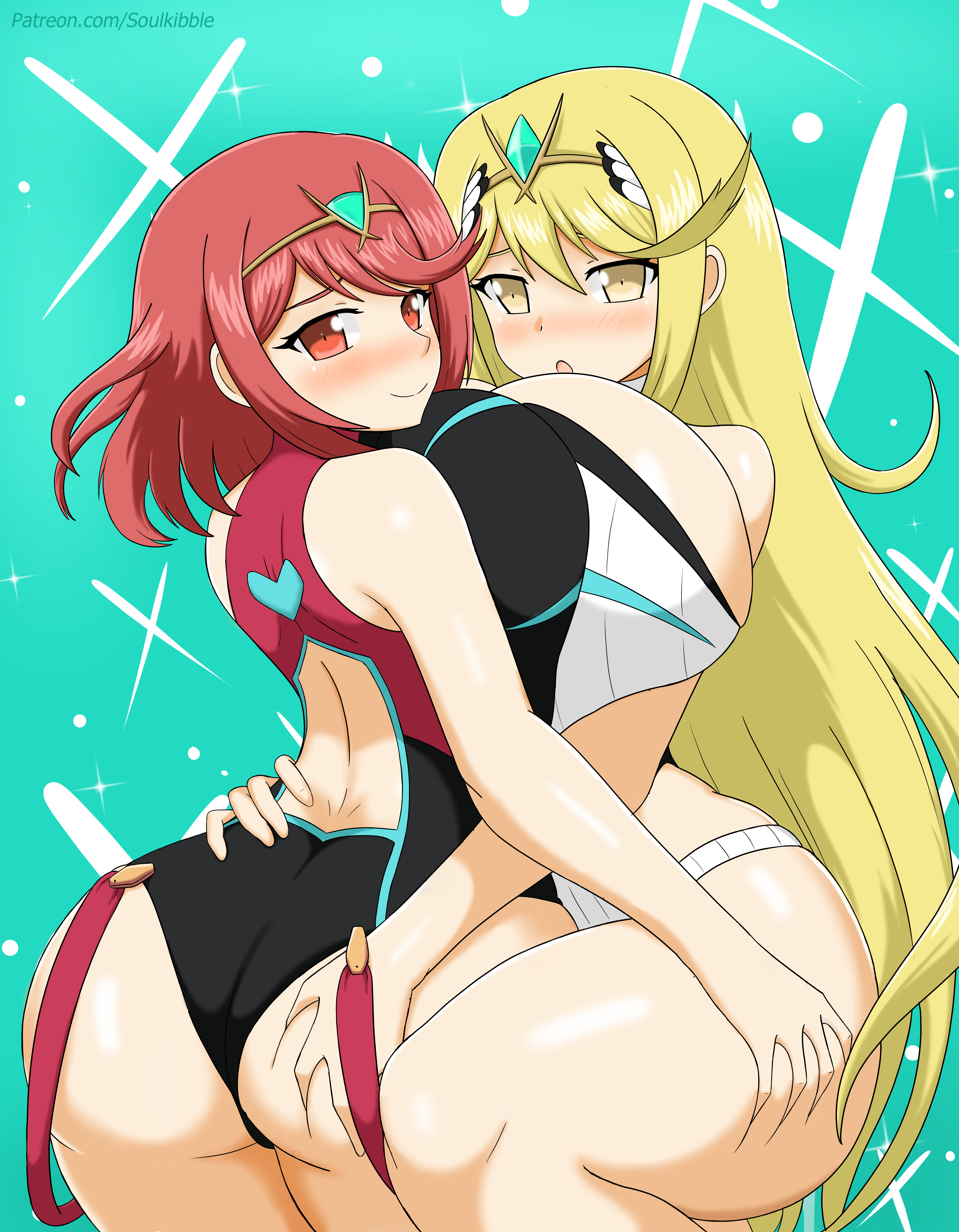 2girls, alternate version available, ass, big breasts, blonde hair, breasts, female, huge breasts, multiple females, multiple girls, mythra, nintendo, one-piece swimsuit, pyra, red hair, soulkibble, swimsuit, tagme, thick, thick ass, thick thighs, xenoblade (series), xenoblade chronicles 2