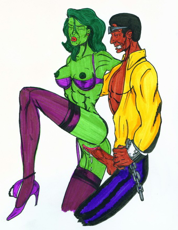 1boy 1girls abs big_breasts bossbeat bra breasts dark-skinned_male dark_skin female green-skinned_female green_hair green_skin high_heels hulk_(series) interracial luke_cage male marvel marvel_comics muscular muscular_female nipples panties_down power_man sex she-hulk stockings straight vaginal_penetration veiny_penis