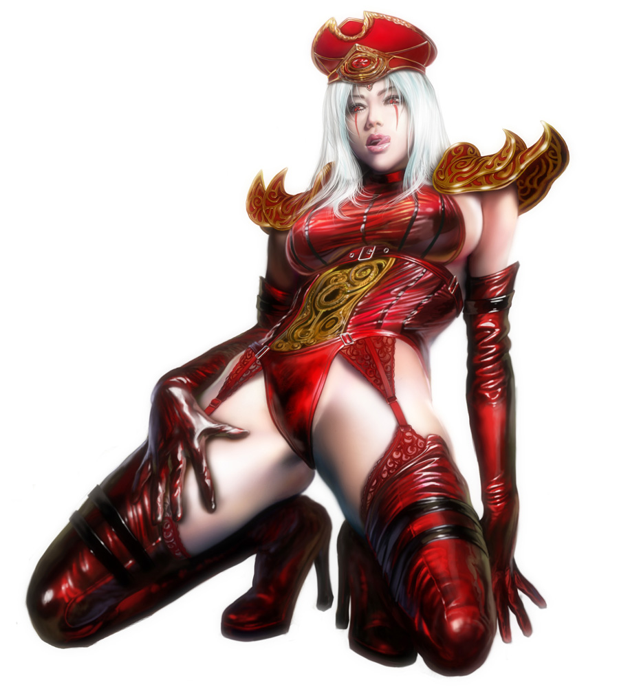 2008 azazel_(artist) blizzard_entertainment boots breasts cindercloth_pants elbow_gloves gloves hair hat heroes_of_the_storm human human_priest large_breasts lipstick makeup priest_(warcraft) realistic red_boots sally_whitemane thigh_boots thighhighs tongue warcraft white_hair world_of_warcraft