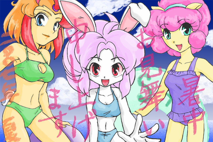 chicken cream_(eto_ranger) eto_rangers female furry rabbit sheep souffle swimsuit tagme tart