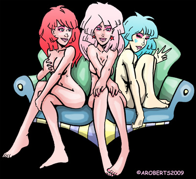 2009 3girls aja_leith alter-ego aroberts blue_eyes blue_hair breast_fondling earrings eyeshadow female incest jem_and_the_holograms jerrica_benton kimber_benton makeup multiple_girls nude pink_hair pink_lipstick red_hair sisters sitting teal_hair