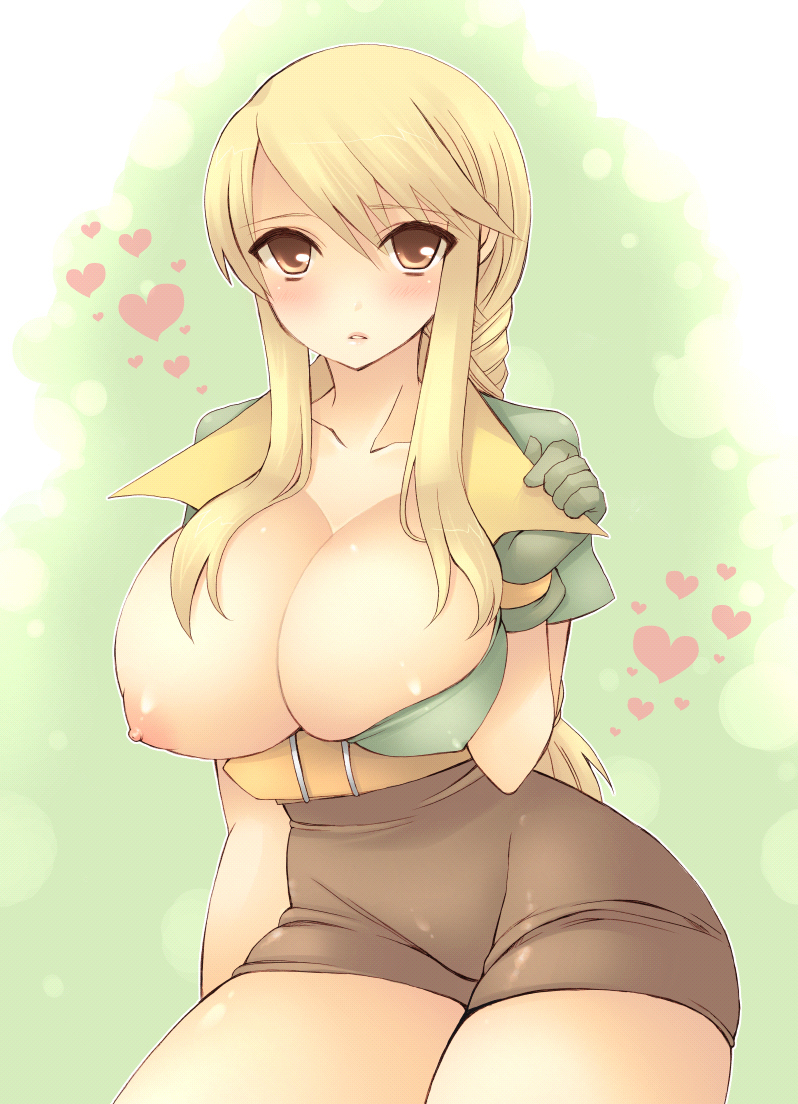 1girls agrias_oaks big_breasts blonde_hair breast_slip breasts brown_eyes final_fantasy final_fantasy_tactics final_fantasy_tactics_(original) gloves huge_breasts large_breasts nipples one_breast_out open_clothes open_shirt pocopoco shirt shorts thief_(fft)