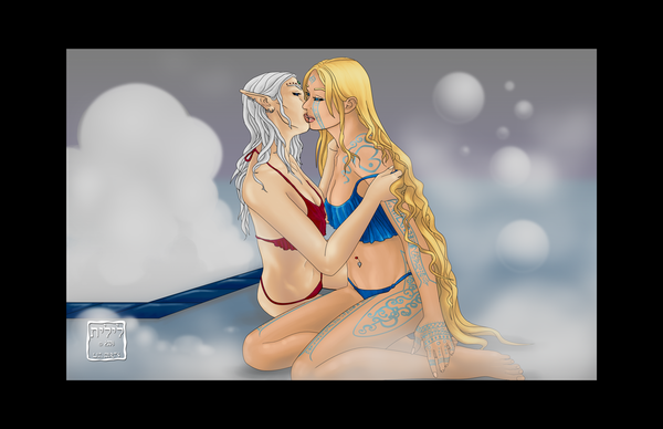 2girls blonde_hair dungeons_and_dragons elf elf_ears elf_female female female_only kissing lilith-darkmoon merisiel panties pathfinder seoni tagme underwear underwear_only white_hair yuri