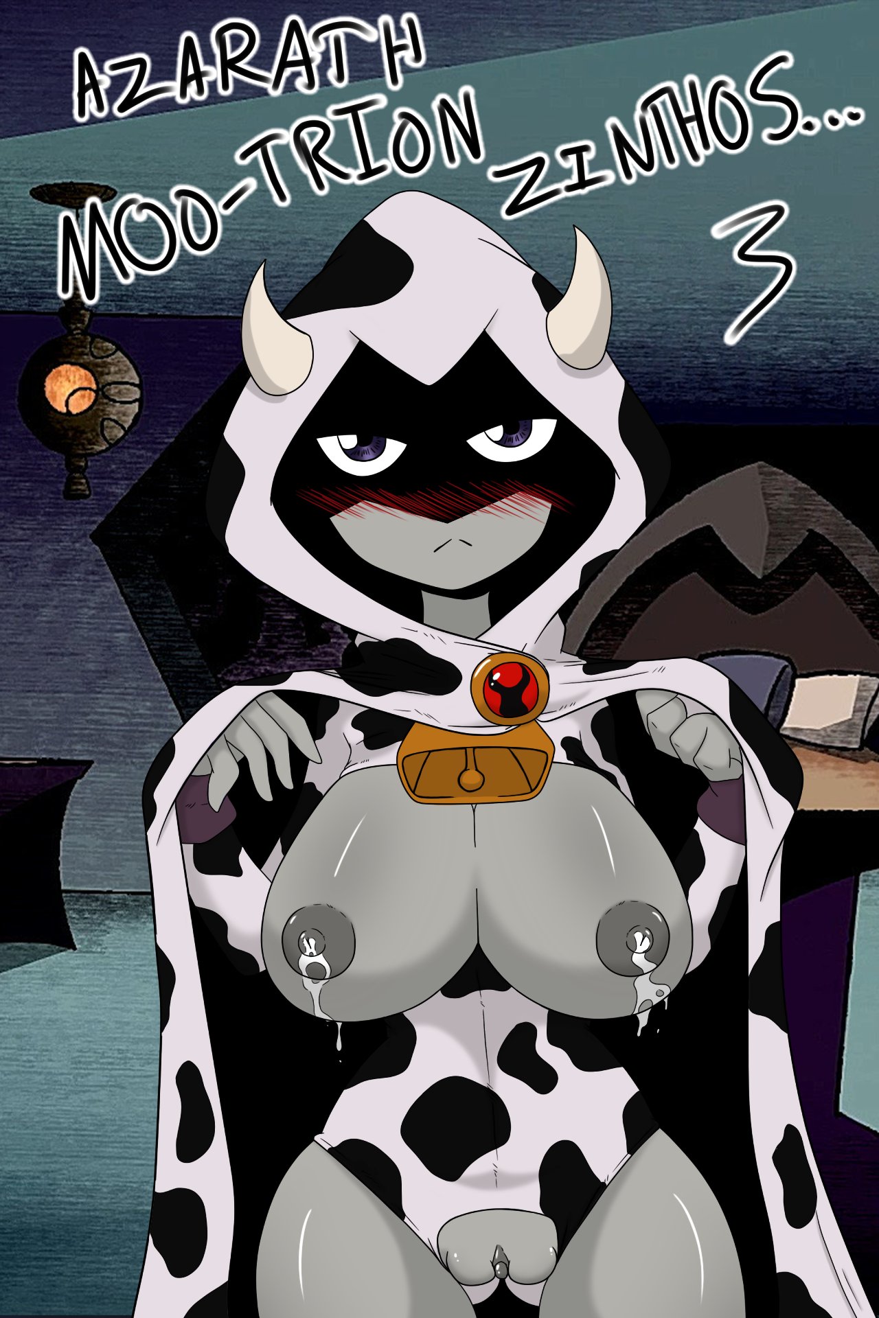 breasts, busty, cloak, cow girl, cow horns, cow print, dc, dc comics, edit, female, hood, hooded cloak, hourglass figure, lactating, lactation, rachel roth, raven (dc), risenhentaidemon, slashysmiley, tagme, teen titans, wide hips