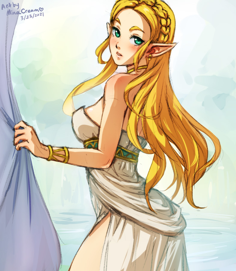 1girls armband blonde_hair blush breath_of_the_wild demigoddess earrings female female_only fully_clothed long_hair minacream neckband nintendo pointy_ears princess princess_zelda royalty solo the_legend_of_zelda white_dress zelda's_ceremonial_robes zelda_(breath_of_the_wild)