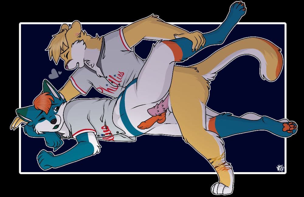 anatomically_correct anatomically_correct_genitalia anatomically_correct_penis animal_genitalia animal_penis anthro atticus baseball_uniform bottomless breath canid canine canis closed_eyes clothed clothing cougar domestic_dog duo erection felid feline frottage fur genitals hand_on_leg husky jersey knot male male/male male_penetrated male_penetrating male_penetrating_male mammal nordic_sled_dog open_mouth panting penetration penile_spines penis riley_winters sex simple_background spitz sport sportswear uniform