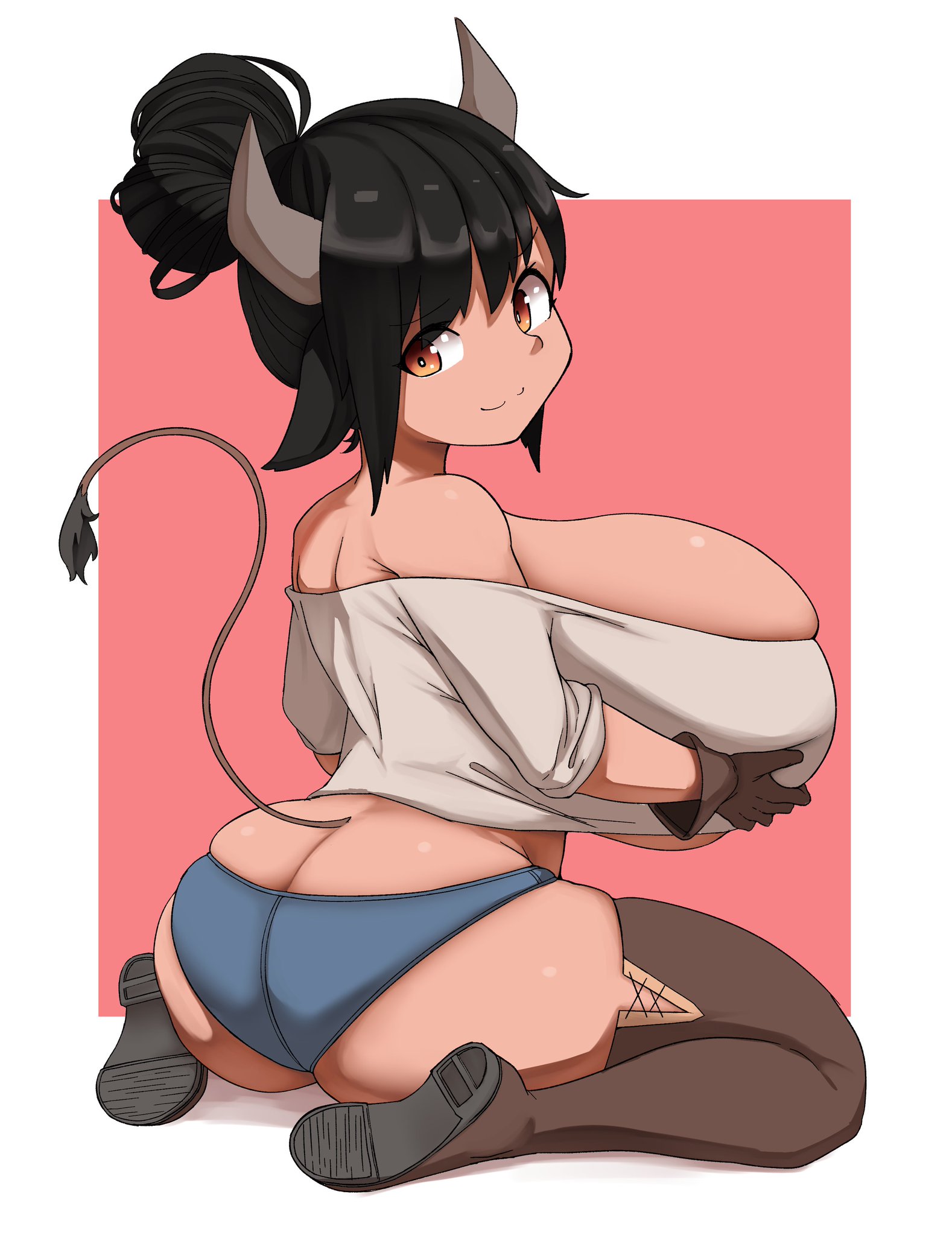 animal ears, ass, boots, breasts, cattle, cattle humanoid, clothing, cow ears, cow girl, cow tail, female, gloves, hair bun, humanoid, looking back, original, sakanadaze, solo, solo female, tail