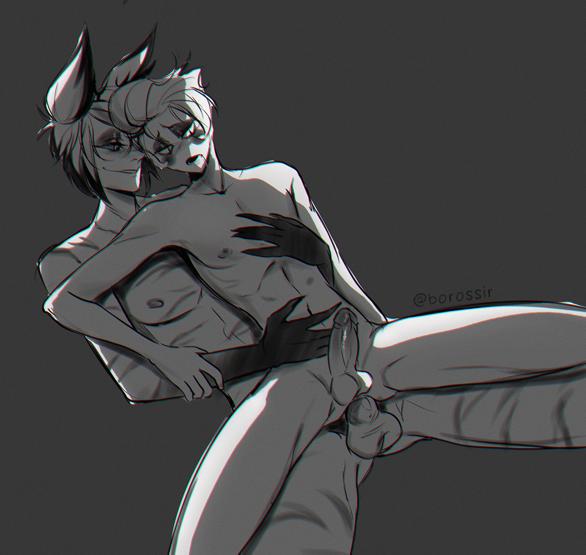 2boys, alastor (hazbin hotel), anal, anal sex, ass, balls, black and white, borossir, drooling, erect penis, erection, hand on chest, hand on stomach, hazbin hotel, holding hands, hug, hugging, looking at partner, looking down, looking pleasured, lucifer morningstar (hazbin hotel), male, male only, male penetrated, male penetrating, naked, nipples, nude, on top, on top of, open mouth, penis, penis in ass, radioapple, saliva, saliva trail, scars, smile, smiling, smooth skin, thighs, vivienne medrano, yaoi