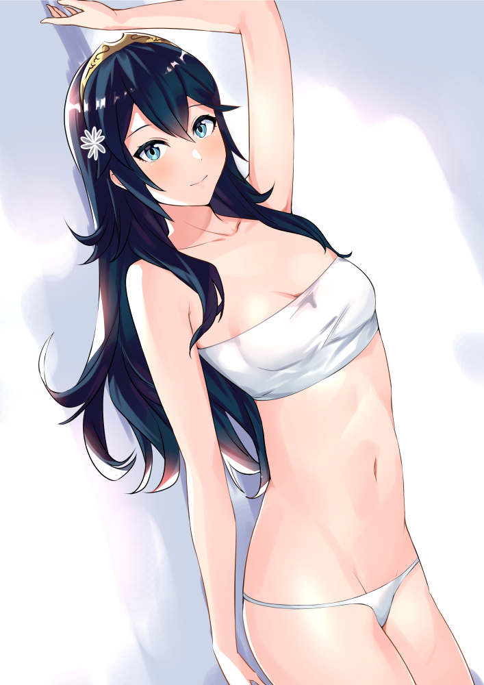 1girls ameno_(a_meno0) arm_up blue_eyes blue_hair breasts collarbone fire_emblem fire_emblem_awakening hair_ornament light_blush long_hair looking_at_viewer lucina_(fire_emblem) nintendo panties small_breasts smile solo symbol-shaped_pupils tiara underwear white_panties