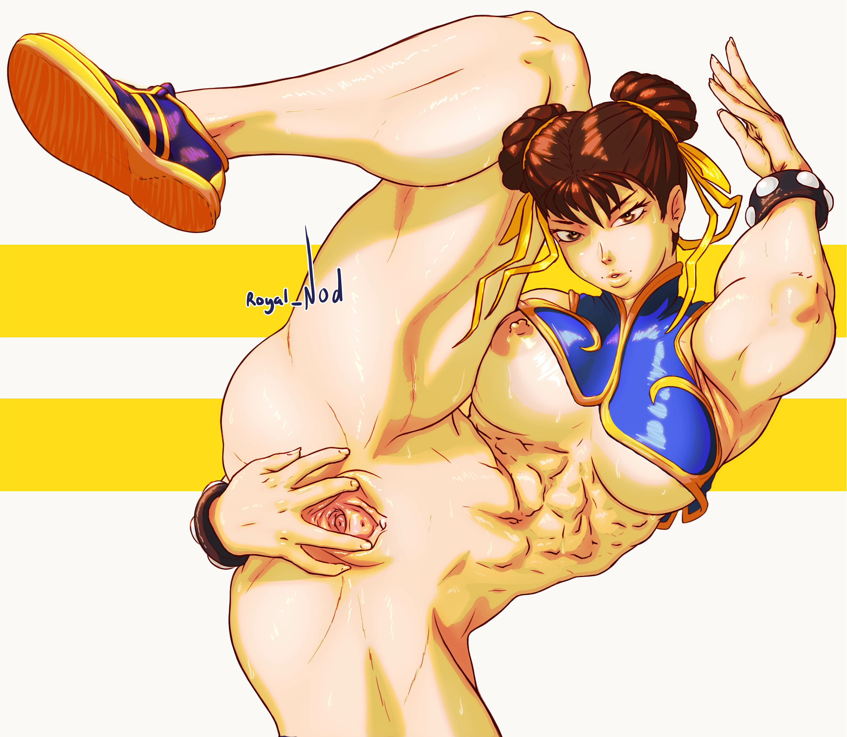 abs, areolae, armpits, ass, athletic, athletic female, biceps, big breasts, bottomless, bracelet, breasts, brown eyes, brown hair, chun-li, crop top, edit, erect nipples, female, female focus, female only, hair bun, labia, long hair, muscles, muscular, muscular female, muscular legs, muscular thighs, nipple slip, nipples, pose, posing, pussy, royal nod, shaved pussy, sneakers, solo, splits, spread pussy, street fighter, street fighter alpha, sweat, tagme, tied hair, underboob, vagina, vertical splits