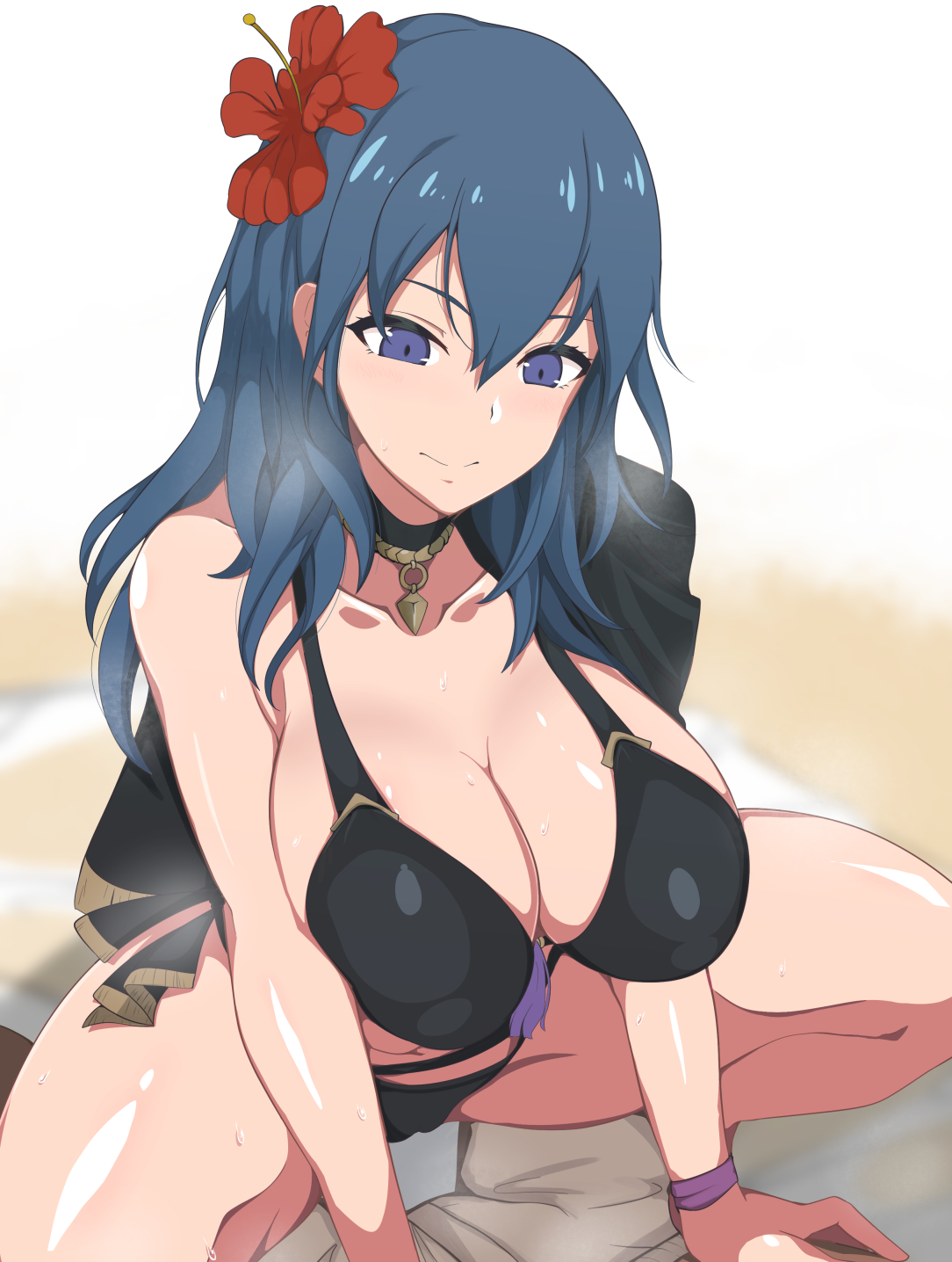 alternate costume, bikini, black bikini, black swimsuit, blue eyes, breasts, byleth (fire emblem), byleth (fire emblem) (female), cleavage, female, fire emblem, fire emblem heroes, fire emblem: three houses, hair flower, heavy breathing, large breasts, long hair, looking down, nintendo, on top, squatting, swimsuit, teal hair, u2 (user pupx8327)