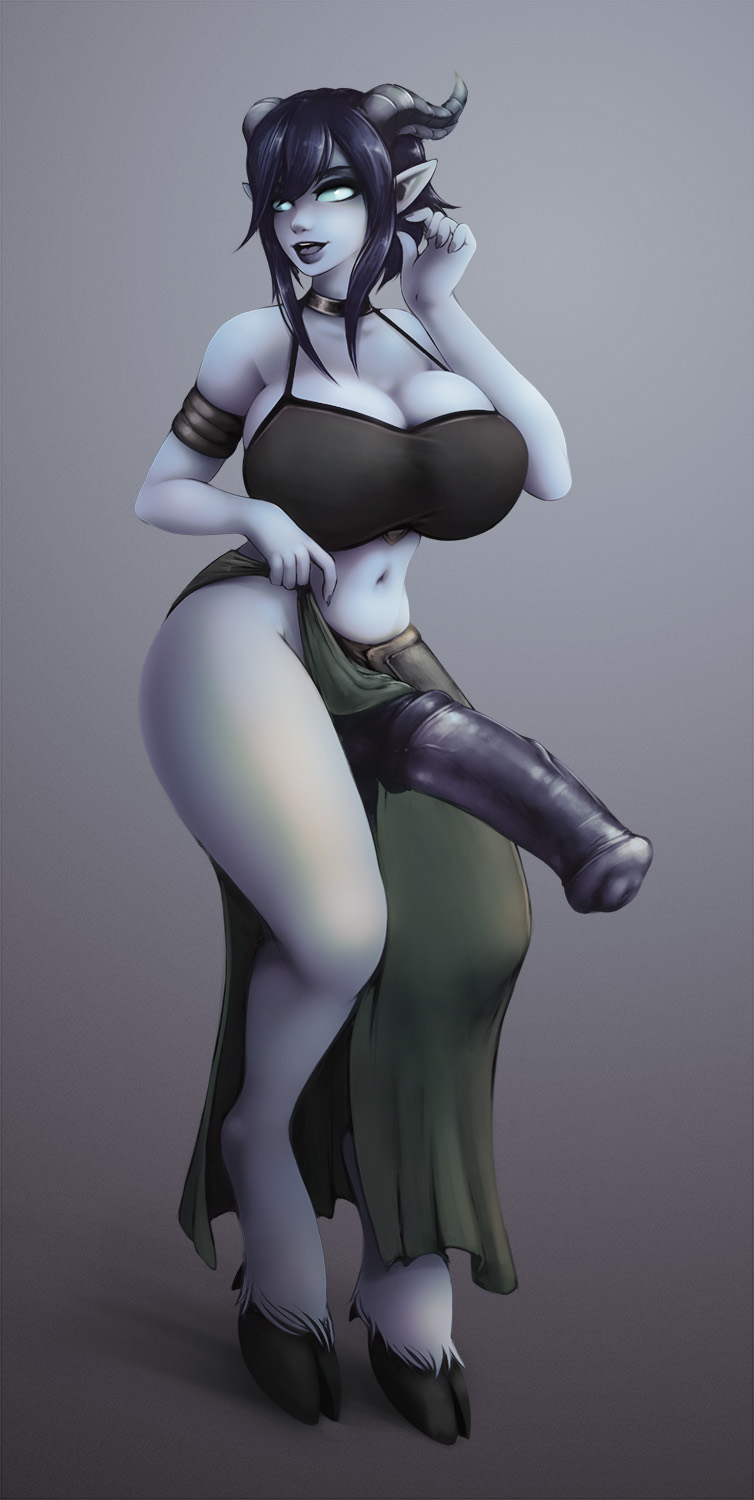 1futa, animal genitalia on humanoid, big breasts, breasts, cleavage, clothed, clothing, curvy, draenei, erection, futa only, futanari, grey body, half-erect, hooves, horns, horny, horsecock, horsecock on humanoid, huge cock, humanoid, impracticalart, intersex, large breasts, on stomach, partially clothed, penis, presenting, soft shading, solo, wide hips, world of warcraft