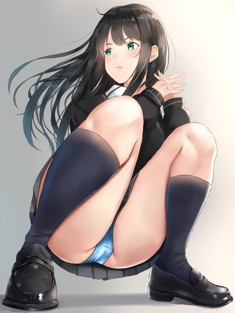 aqua_eyes ass bangs black_footwear black_hair blue_legwear blue_panties blush breasts earrings eyebrows_visible_through_hair female full_body hair_between_eyes hands_together idolmaster idolmaster_cinderella_girls irohakaede jewelry kneehighs loafers long_hair long_sleeves looking_away medium_breasts panties pantyshot shibuya_rin shoes smile solo squatting stud_earrings sweater thighs underwear