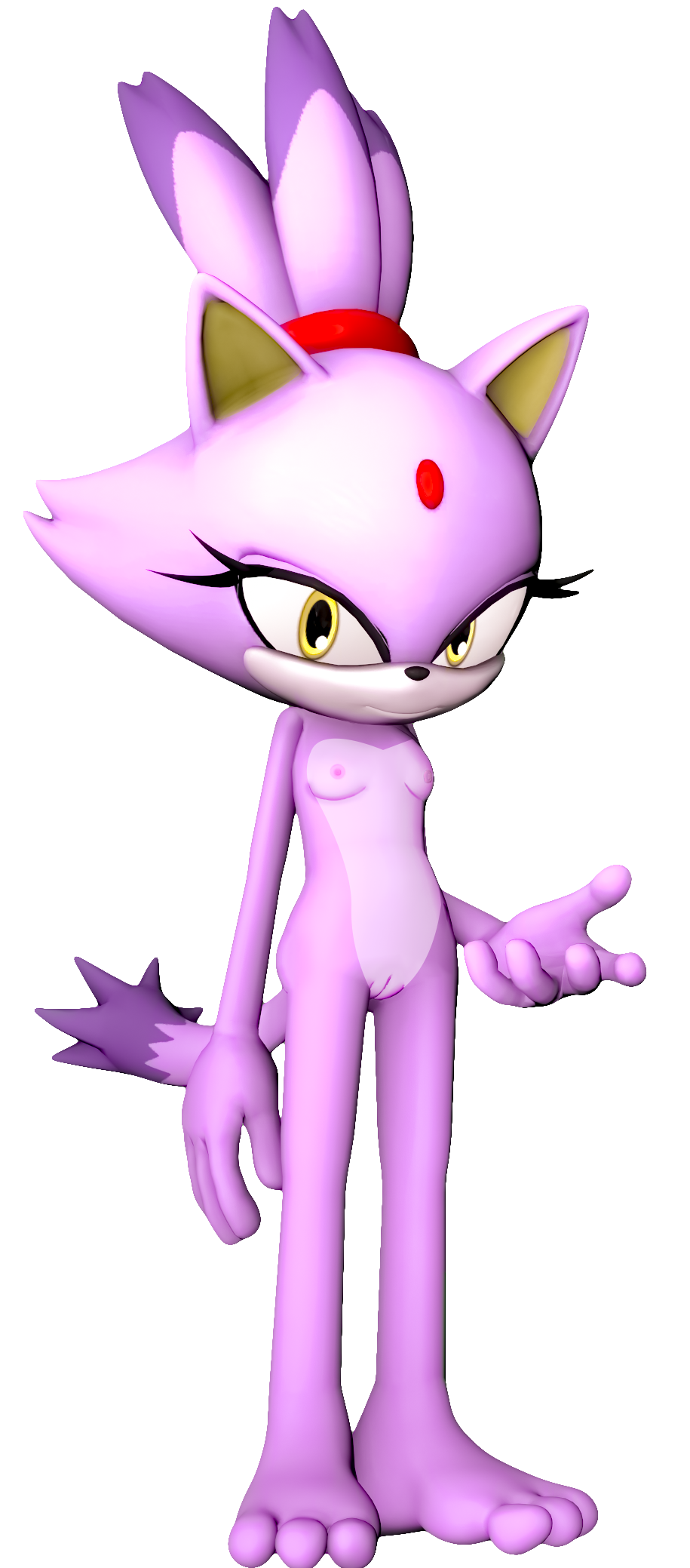 3_toes 3d 5_fingers anthro blaze_the_cat breasts domestic_cat eyelashes female fingers hair nipples ponytail purple_body purple_hair pussy rarequinez solo sonic_(series) standing toes white_body yellow_eyes