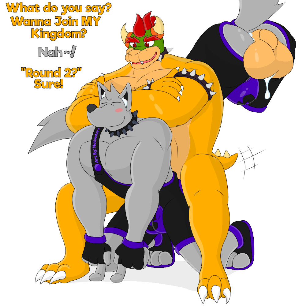 1:1 alpha_channel anal anthro balls bara bodily_fluids bowser canid canine canis claws clothed clothing collar crossed_arms cum duo fur gay genital_fluids genitals hair koopa male male/male male_only mammal mario_(series) muscular nintendo notkastar overalls scalie sex signature smile spikes text video_games wolf zatch_(character)