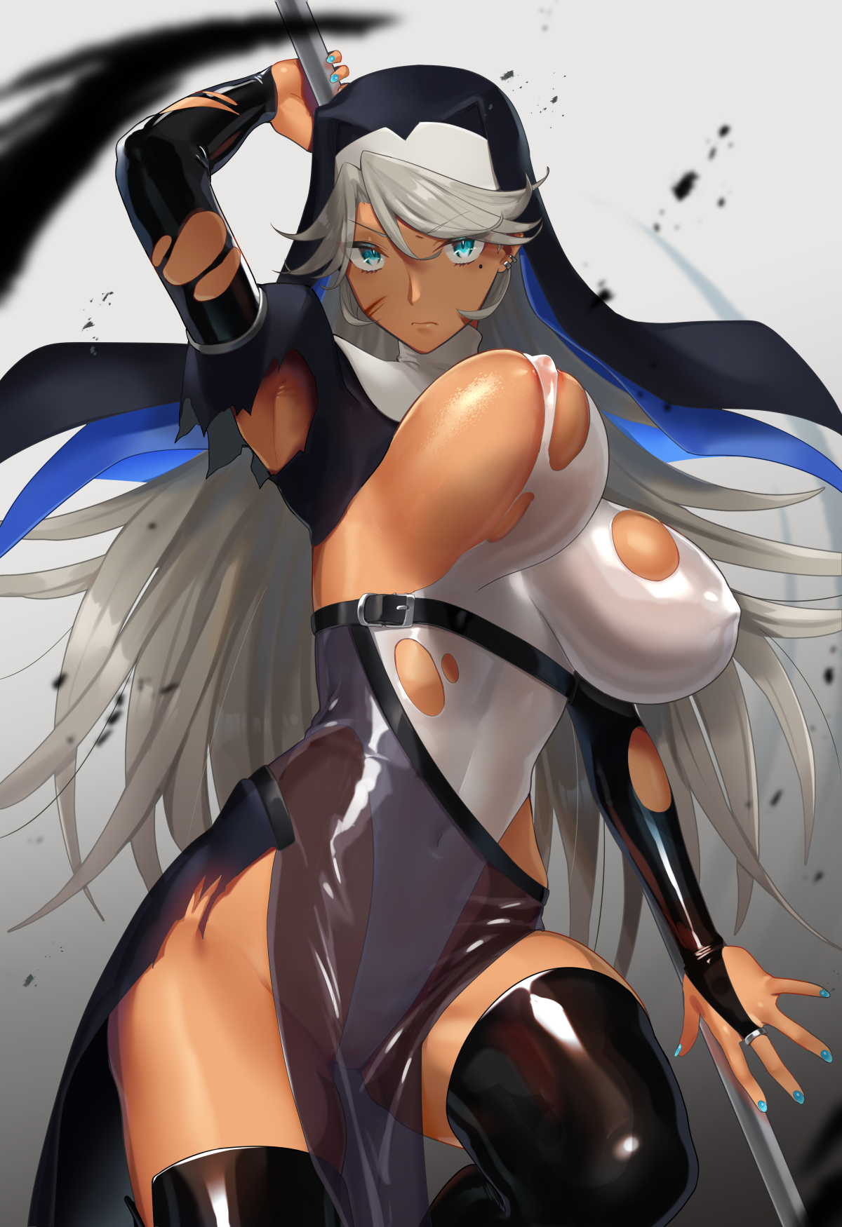 aqua eyes, black bodysuit, bodysuit, bouncing breasts, breasts, bridal gauntlets, dark skin, dark-skinned female, elbow gloves, female, fingerless gloves, gloves, habit, highleg, highleg leotard, highres, hip vent, huge breasts, injury, latex, latex gloves, leotard, long hair, mole, mole under eye, nun, ohlia, original, pelvic curtain, shiny, shiny clothes, silver hair, skin tight, solo, tan, torn clothes, turtleneck, veil