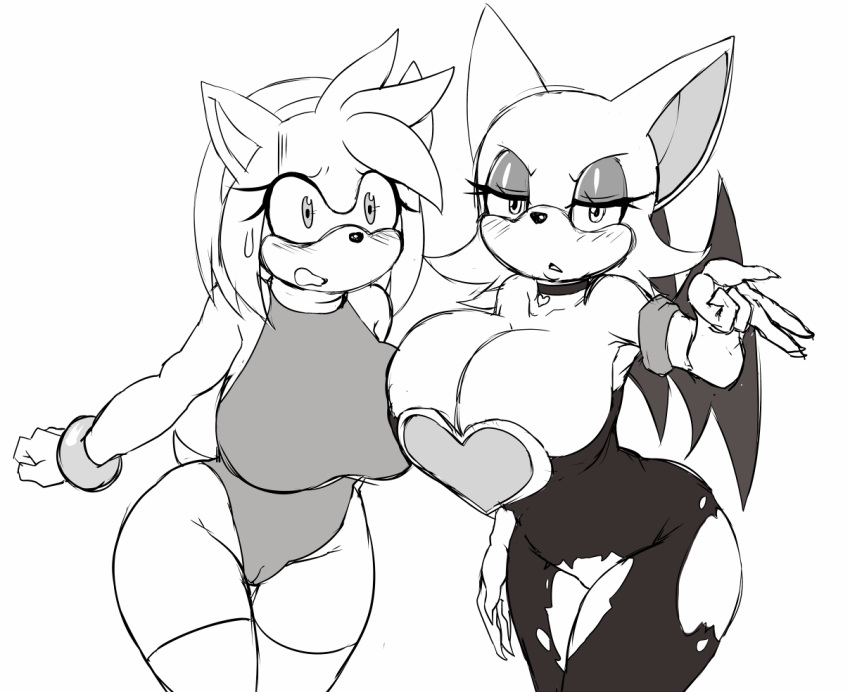 2girls amy_rose anthro anthro_on_anthro blush bodily_fluids breasts chiropteran claws clothed clothing crimsonhysteria duo eulipotyphlan female fluffy fluffy_tail fur hair hedgehog interspecies mammal open_mouth partially_clothed rouge_the_bat simple_background sonic_(series) sonic_the_hedgehog_(series) sweat white_background wings