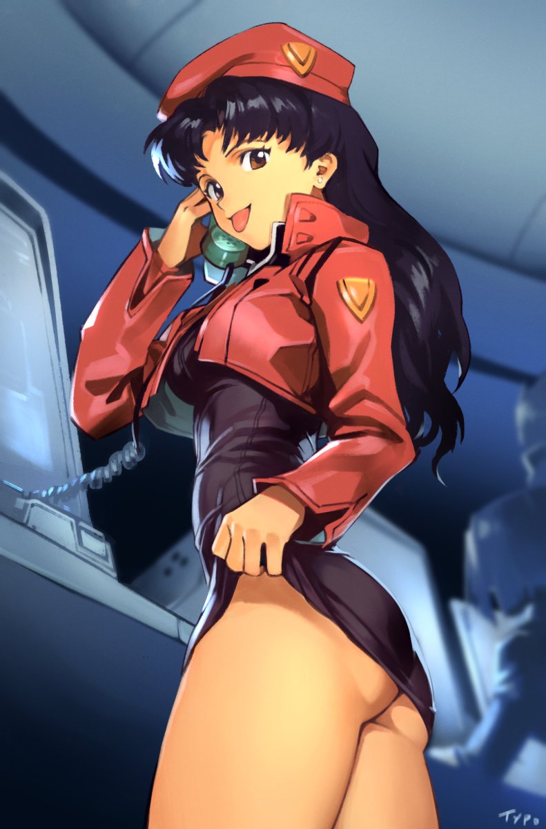 1girls, ass, big ass, black hair, breasts, brown eyes, clothed, clothed female, clothing, female, female only, gainax, hourglass figure, human, large breasts, light skin, light-skinned female, long hair, looking at viewer, looking back, misato katsuragi, neon genesis evangelion, optionaltypo, purple hair, skirt, skirt lift, solo, teasing, tongue, tongue out