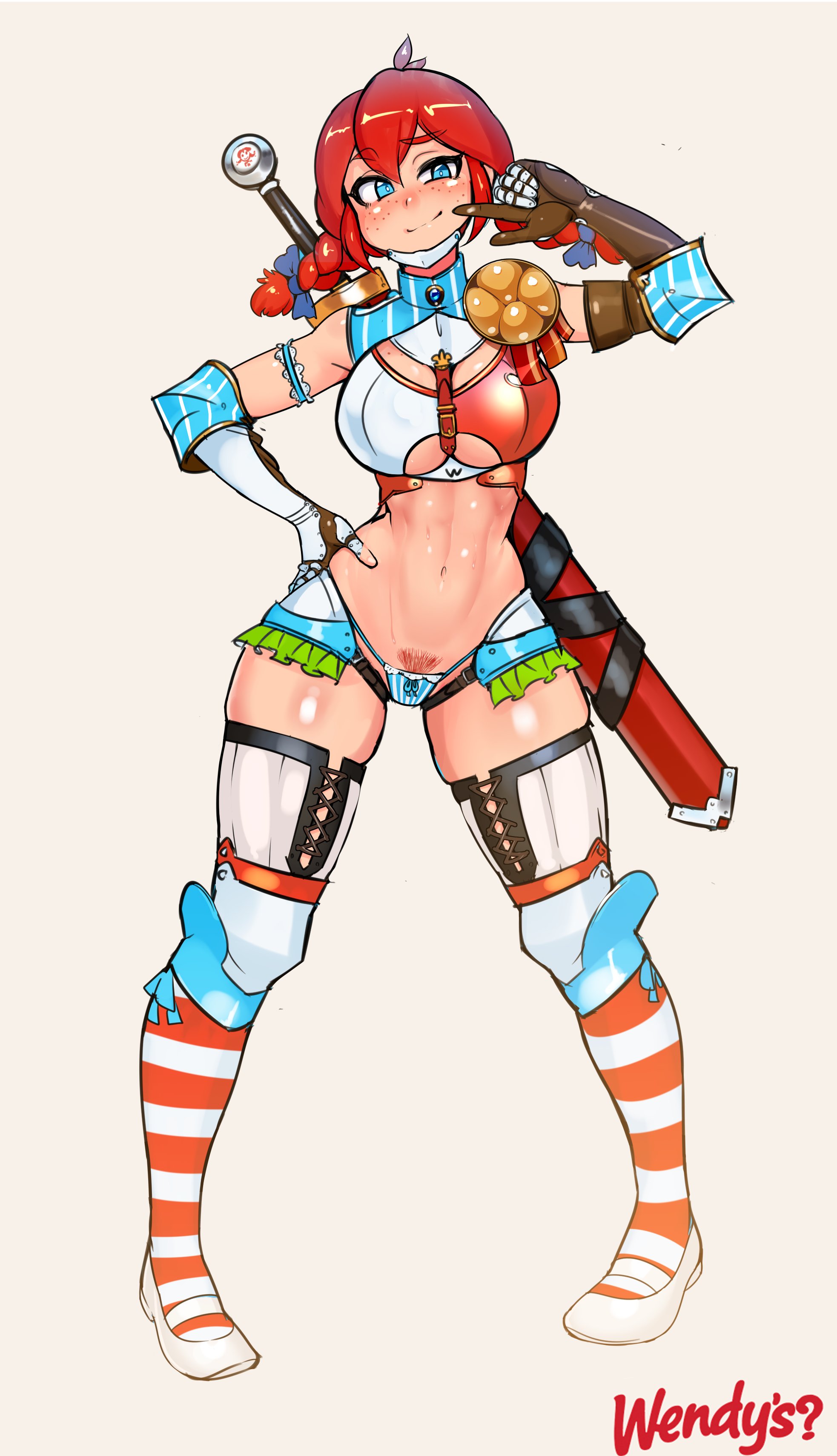 armor, female, freckles, nisetanaka, nisetanaqa, partially clothed, posing, pubic hair, solo, sword, wendy thomas, wendy's