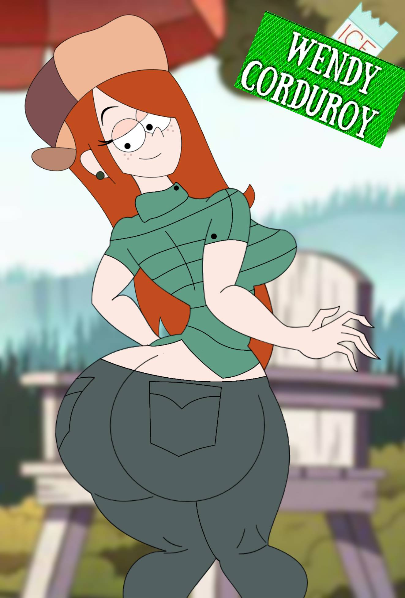 1girls, ass, ass cleavage, ass crack, bad anatomy, big ass, black pants, breasts, butt crack, charlie-k, disney, disney channel, disney xd, female, female only, gravity falls, green earrings, green shirt, hat, jeans, long hair, red hair, solo, straight hair, wendy corduroy, white female