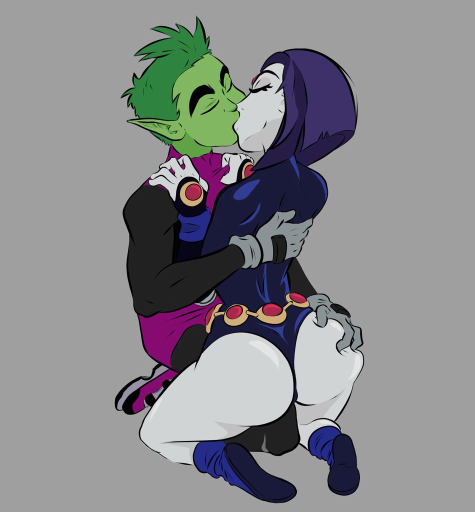 1boy, 1girls, ass, ass grab, athletic, athletic female, athletic male, bare legs, beast boy, black leotard, bodysuit, breasts, bubble ass, bubble butt, busty, cartoon network, closed eyes, dc, dc comics, demon, demon girl, female, female/male, french kiss, french kissing, garfield logan, green hair, green skin, grey background, grey skin, groping, groping ass, hourglass figure, just toso, kiss, kissing, kneeling, leotard, light skin, light-skinned female, male, pale skin, pale-skinned female, pointy ears, purple hair, rachel roth, raven (dc), rear view, romantic, short hair, simple background, sneakers, superhero, superheroine, teen titans, thong leotard, wholesome, wide hips